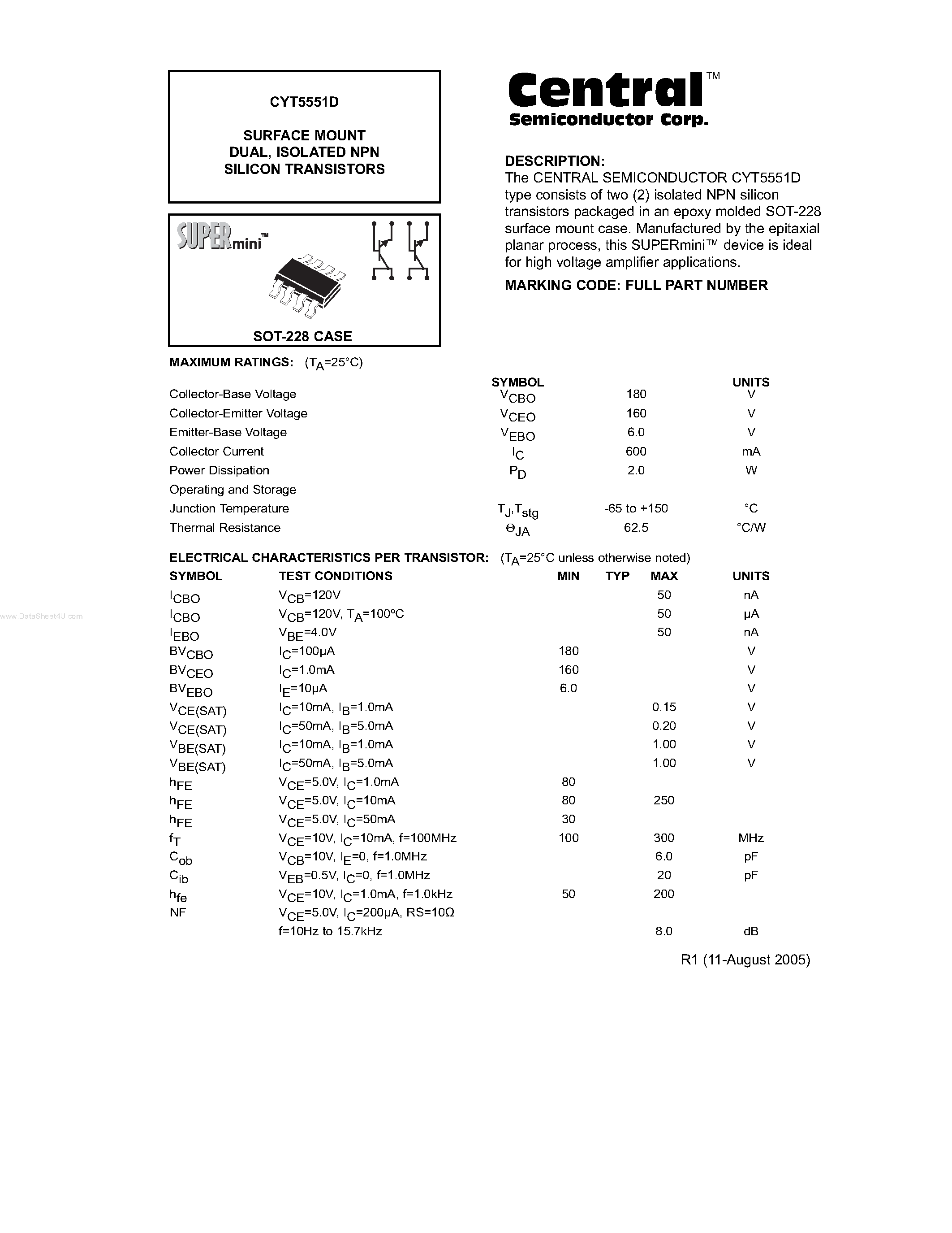 Даташит CYT5551D - ISOLATED NPN SILICON TRANSISTORS страница 1
