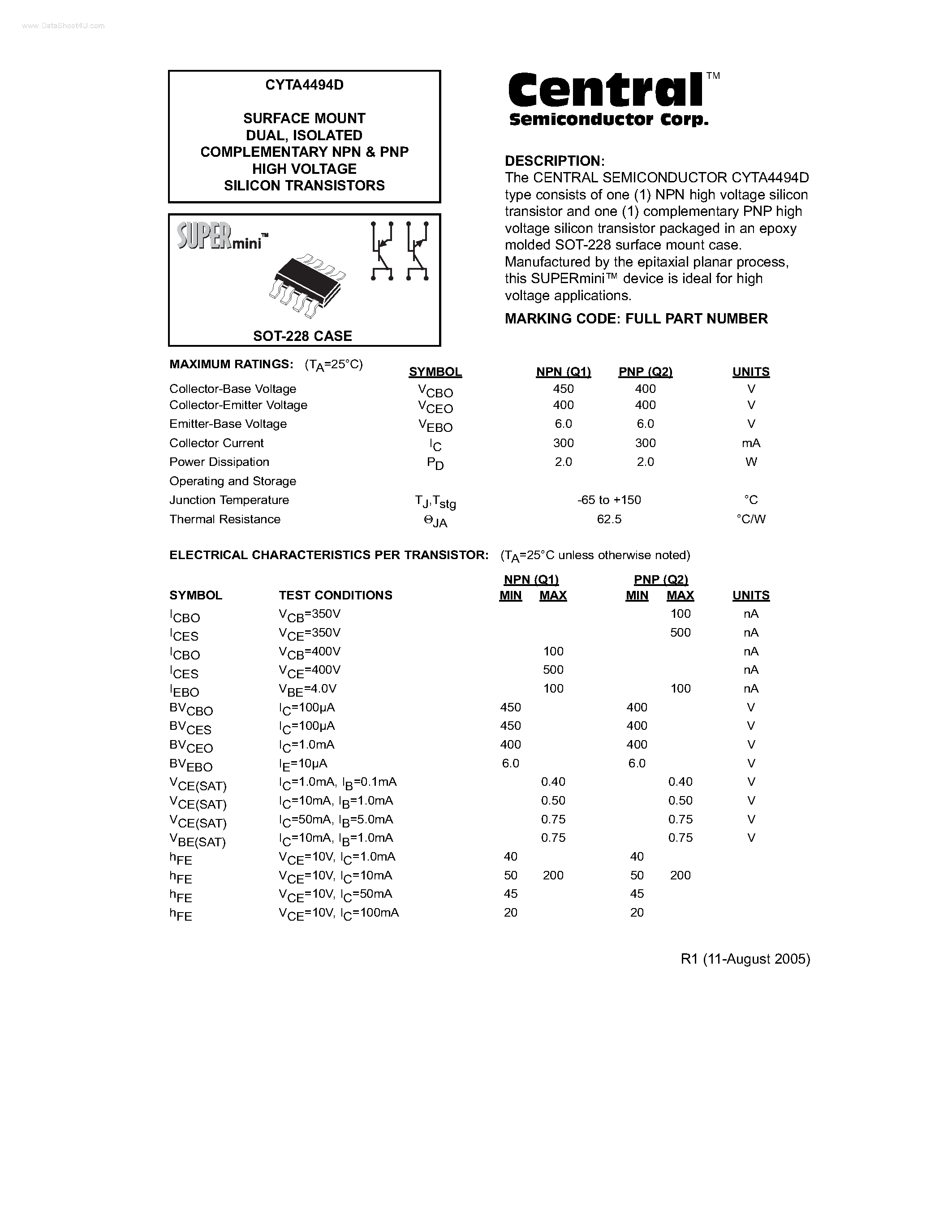 Даташит CYTA4494D - ISOLATED COMPLEMENTARY NPN & PNP HIGH VOLTAGE SILICON TRANSISTORS страница 1