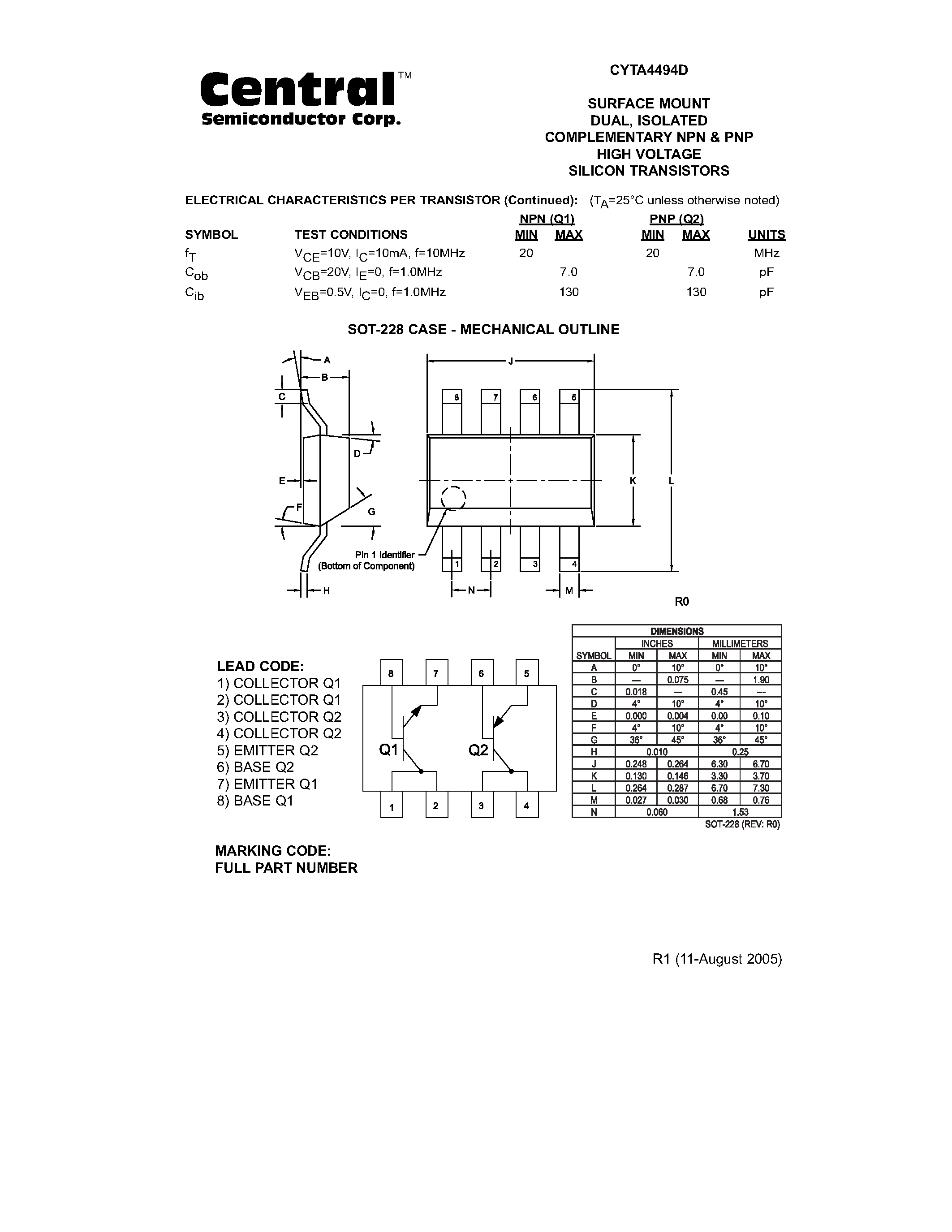 Даташит CYTA4494D - ISOLATED COMPLEMENTARY NPN & PNP HIGH VOLTAGE SILICON TRANSISTORS страница 2
