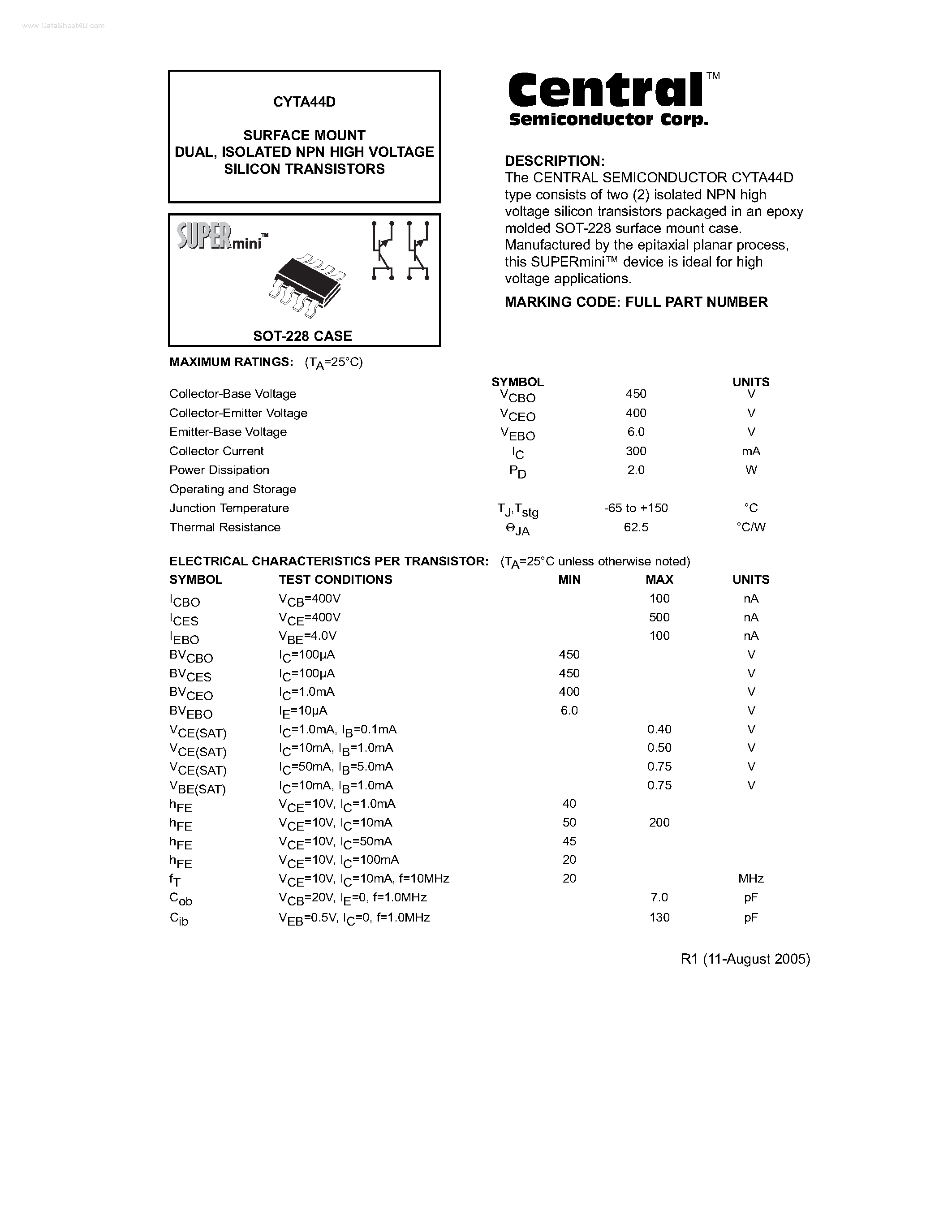 Даташит CYTA44D - ISOLATED NPN HIGH VOLTAGE SILICON TRANSISTORS страница 1