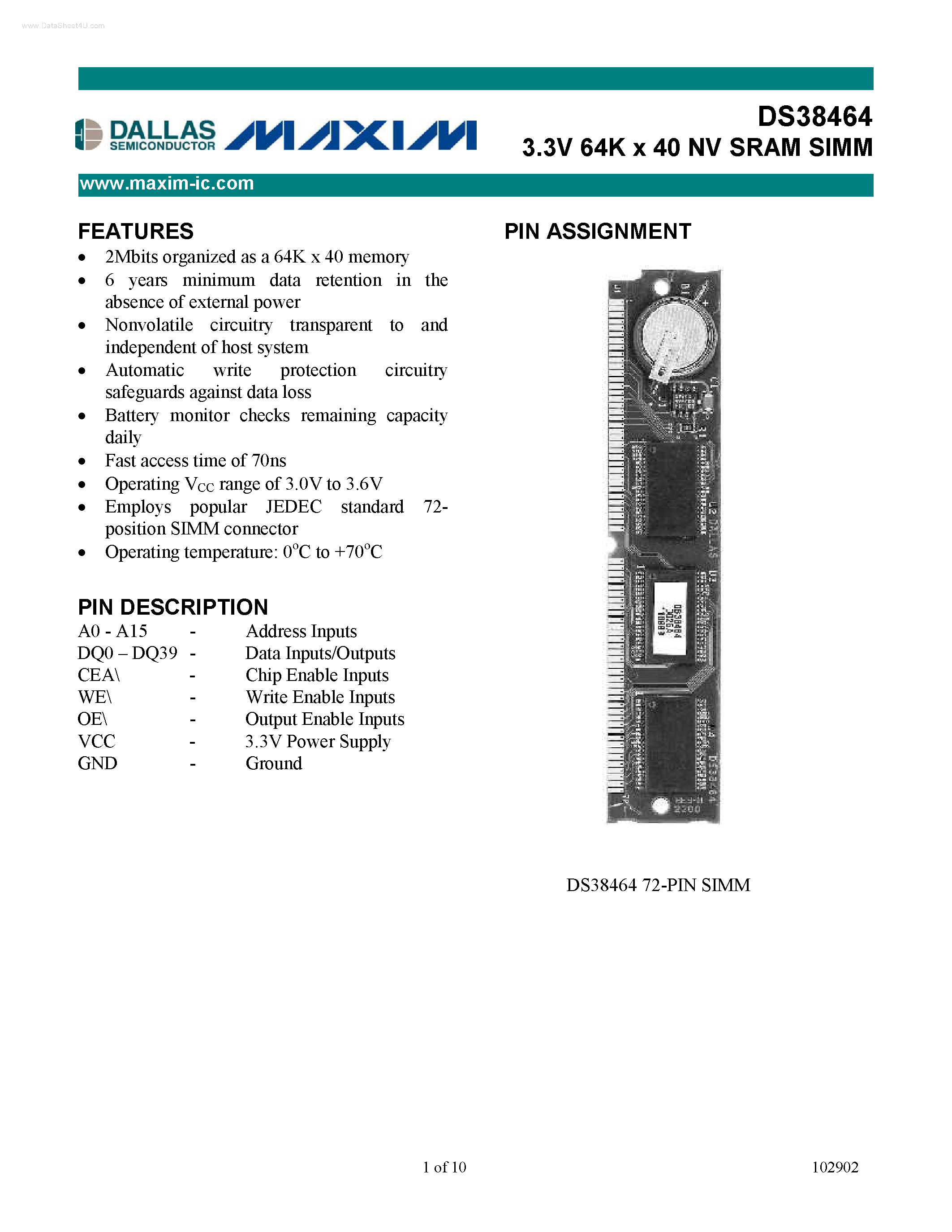 Datasheet DS38464 - 3.3V 64K x 40 NV SRAM SIMM page 1