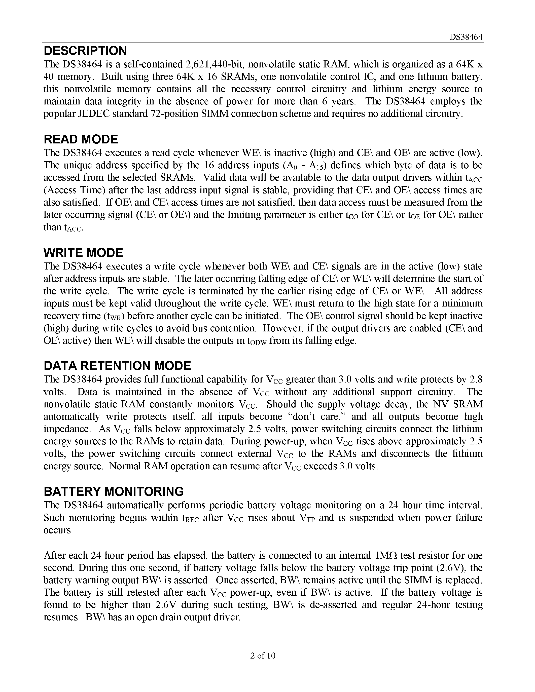 Datasheet DS38464 - 3.3V 64K x 40 NV SRAM SIMM page 2