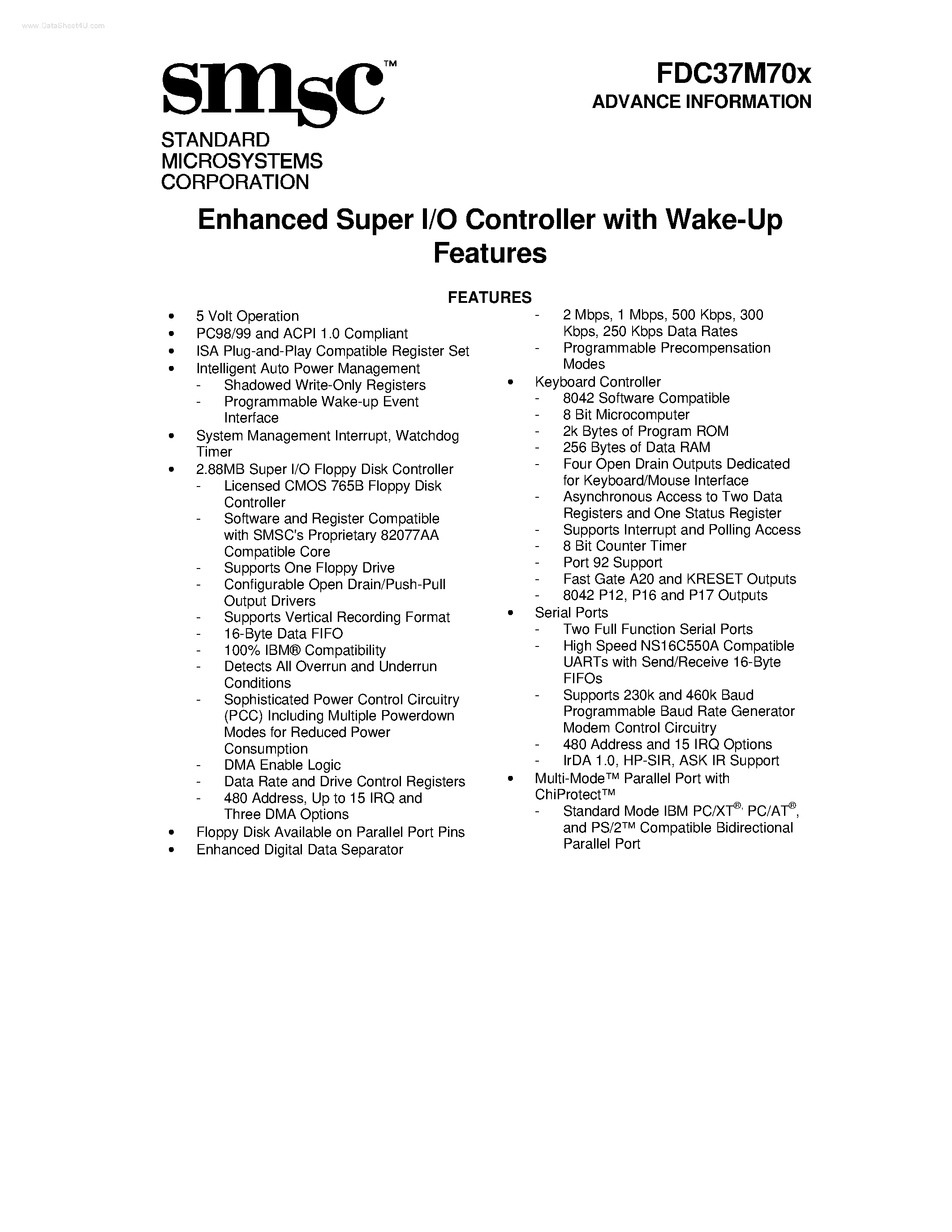 Datasheet FDC37M70X page 1 Datasheet FDC37M70X - Enhanced Super I/O Controller page 1