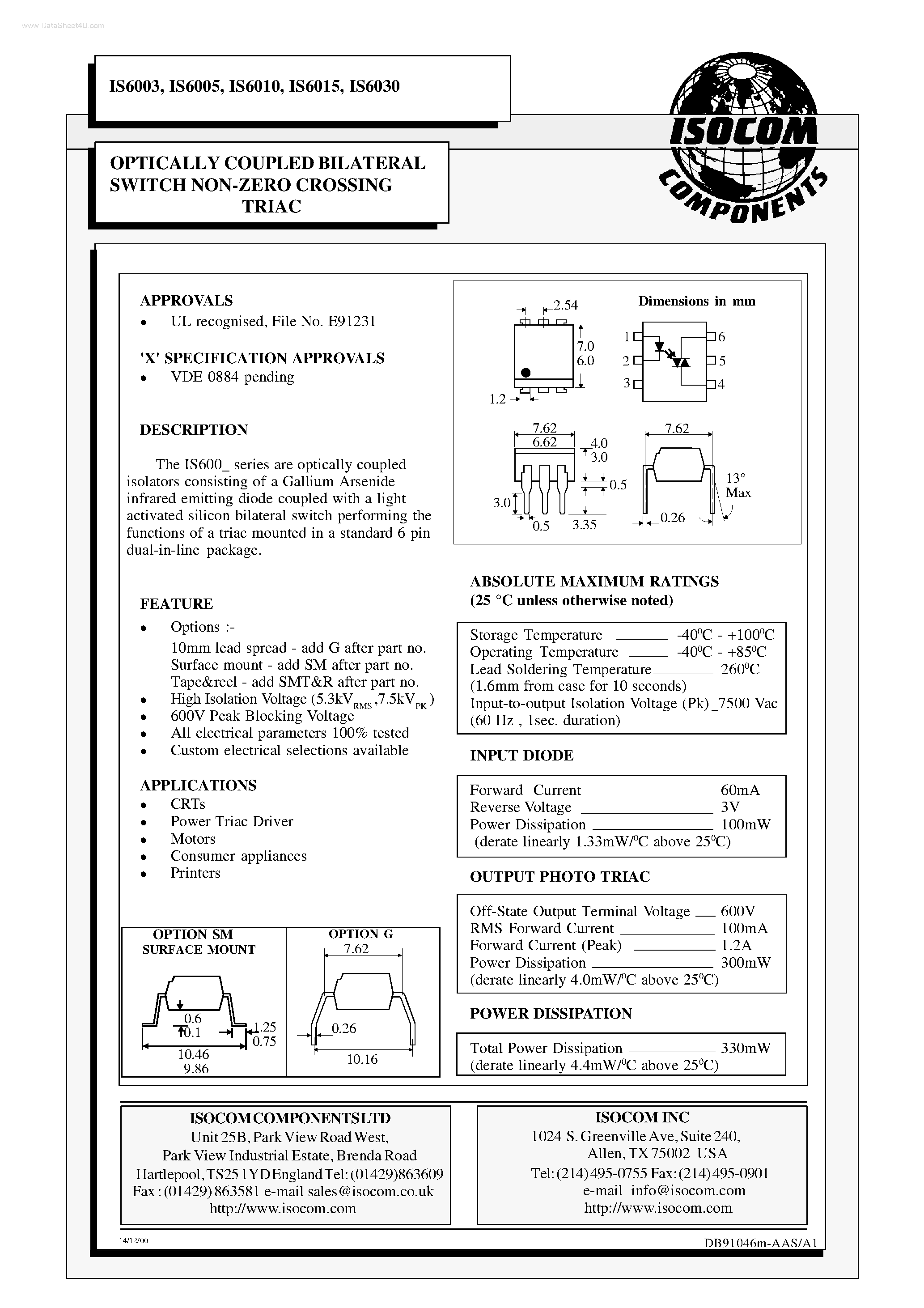 Datasheet IS6003 - (IS6003 - IS6030) OPTICALLY COUPLED BILATERAL SWITCH NON-ZERO CROSSING TRIAC page 1