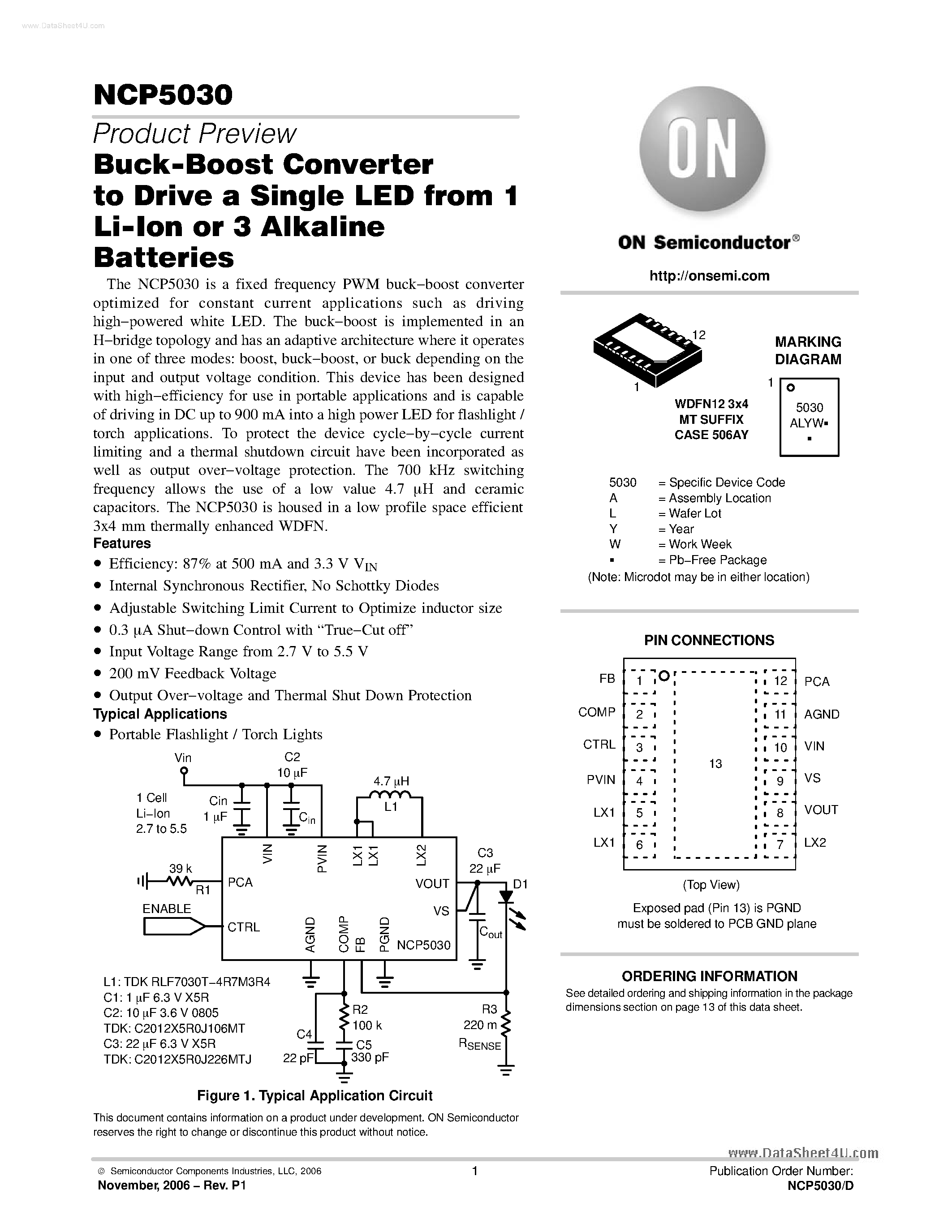 Datasheet NCP5030 - Buck Boost Converter to Drive a Single LED page 1