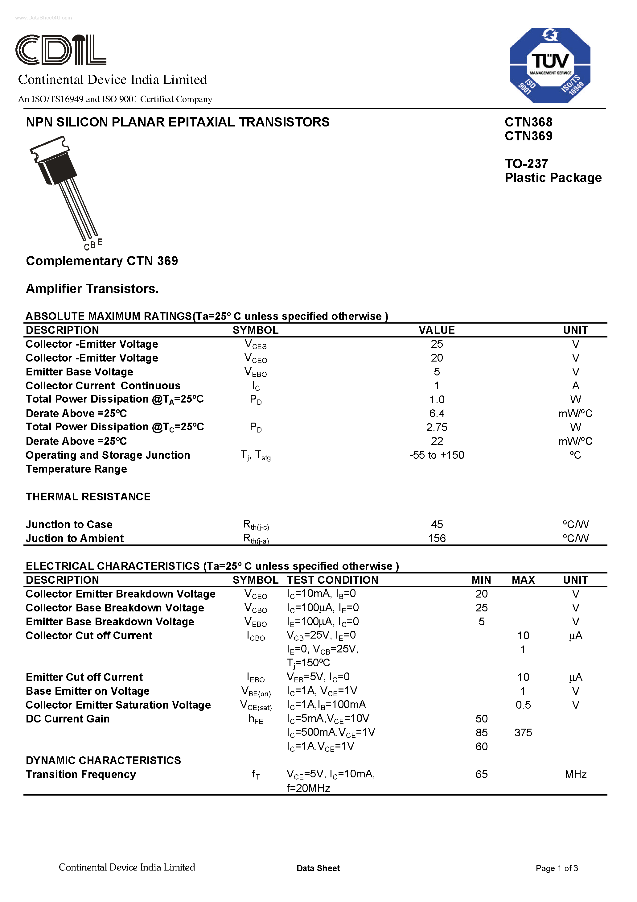 Даташит CTN368 - (CTN368 / CTN369) NPN SILICON PLANAR EPITAXIAL TRANSISTORS страница 1