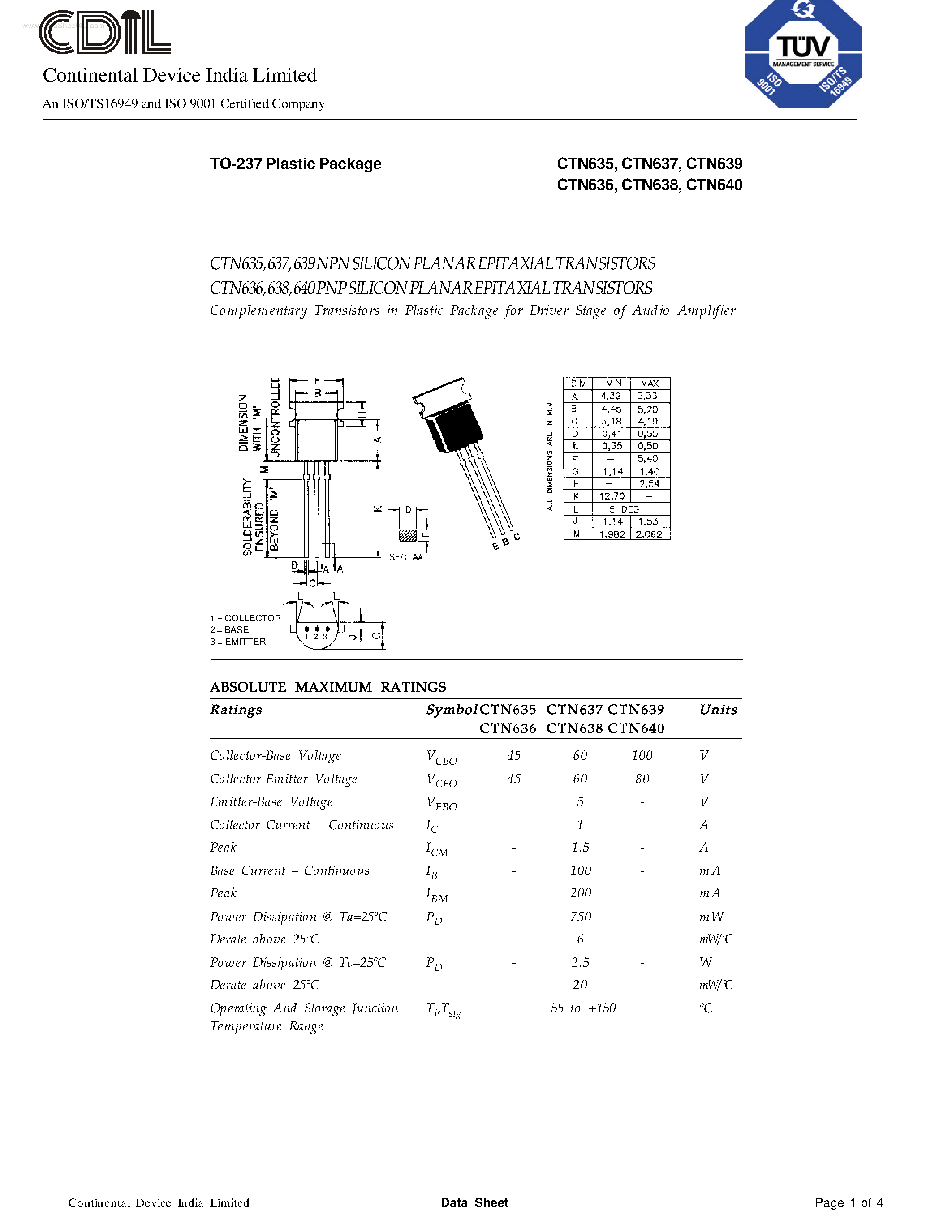Даташит на микросхему CTN635 страница 1 Даташит CTN635 - (CTN635 - CTN640) Complementary Transistors страница 1