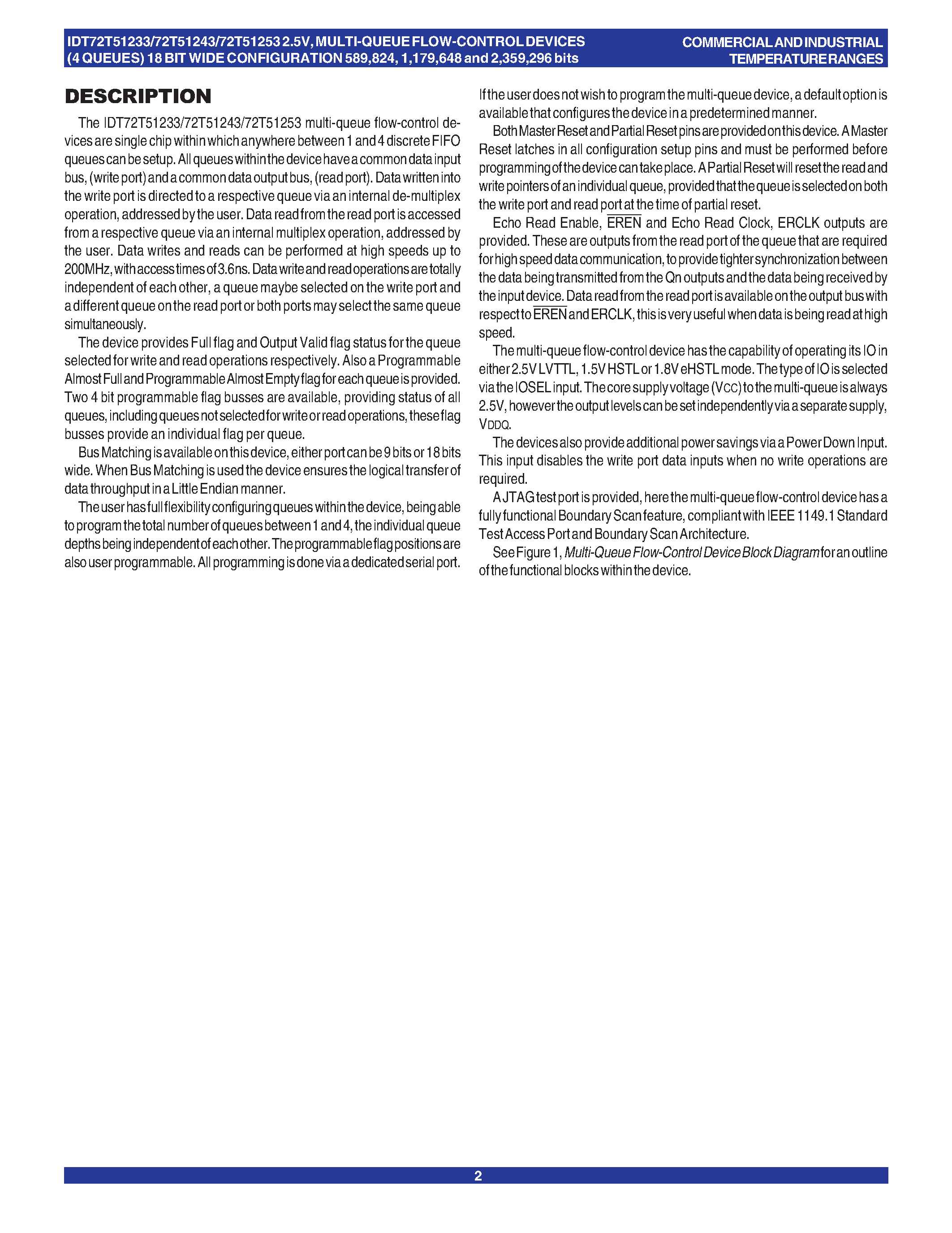 Datasheet IDT72T51233 page 2 Datasheet IDT72T51233 - (IDT72T512x3) 2.5V MULTI-QUEUE FLOW-CONTROL DEVICES page 2