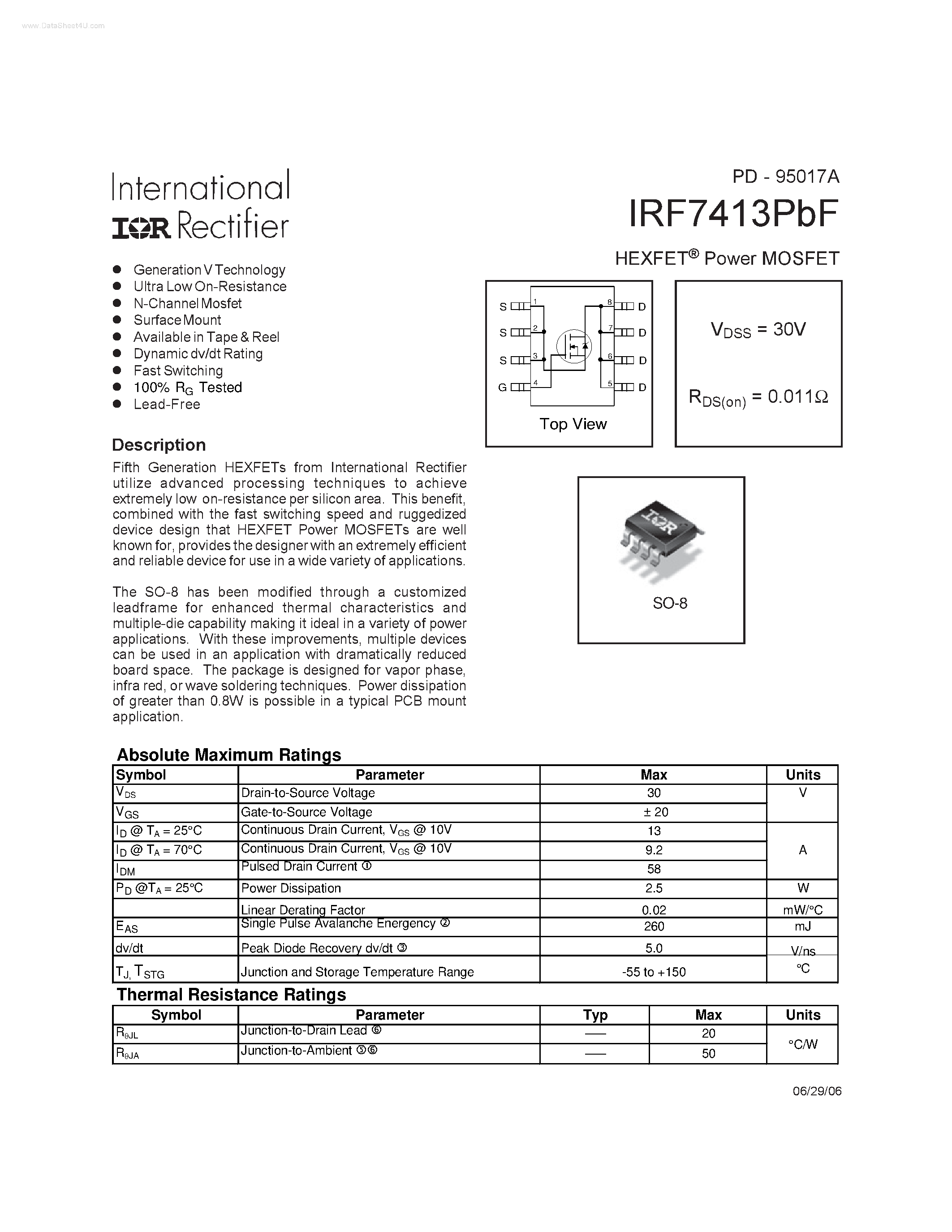 Datasheet IRF7413PBF page 1 Datasheet IRF7413PBF - HEXFET Power MOSFET page 1