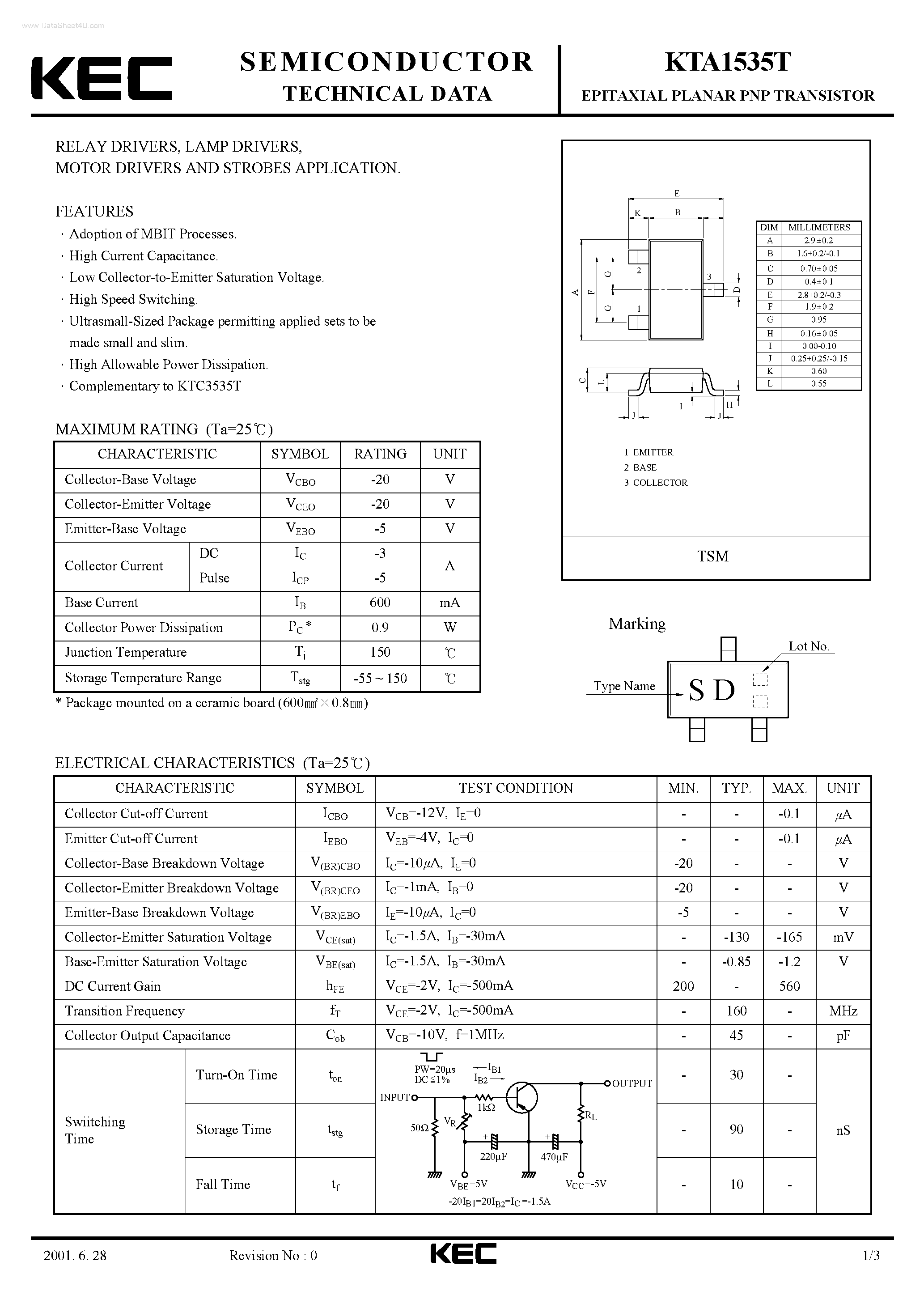 Даташит на микросхему KTA1535T страница 1 Даташит KTA1535T - EPITAXIAL PLANAR PNP TRANSISTOR страница 1