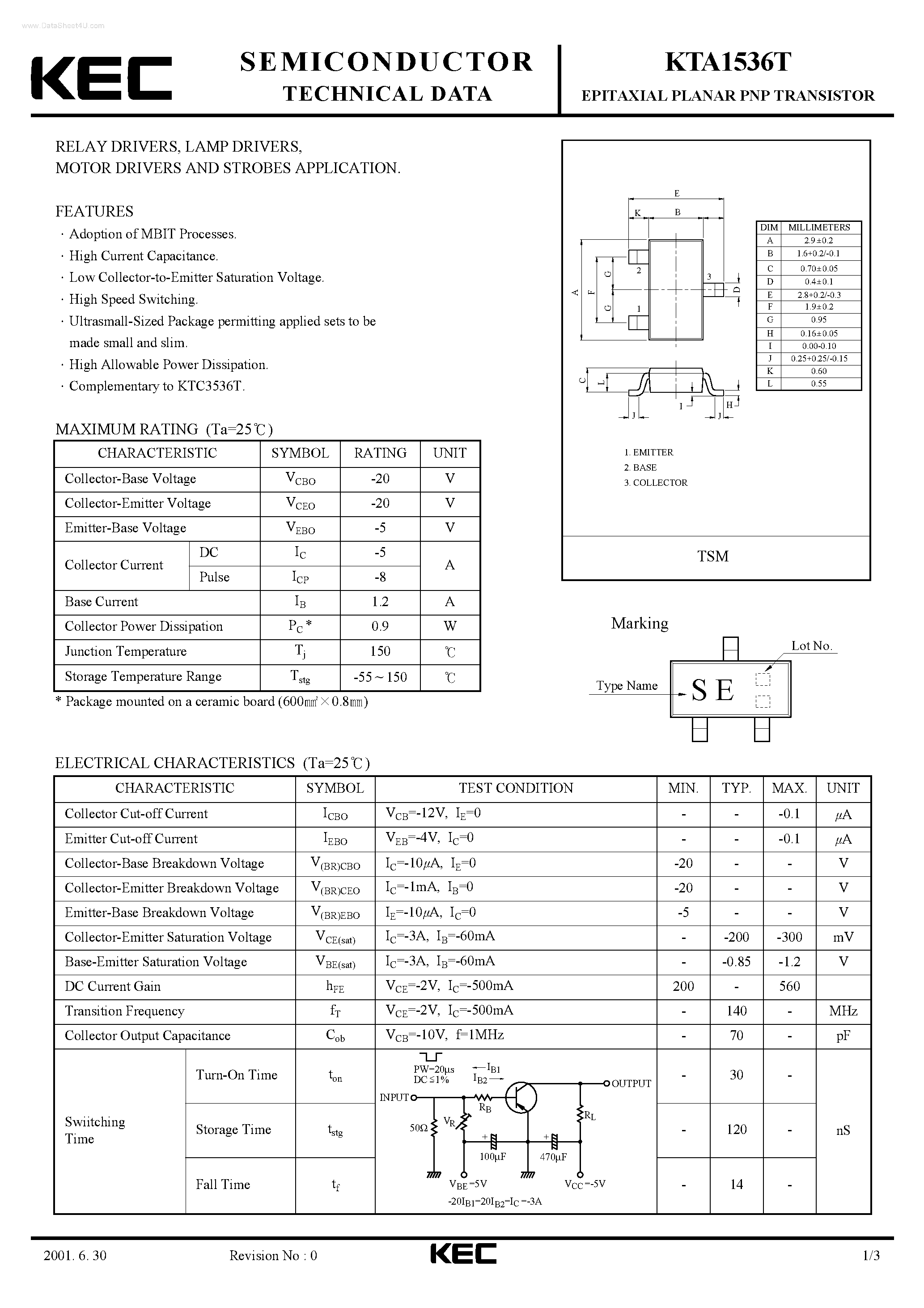 Datasheet KTA1536T page 1 Datasheet KTA1536T - EPITAXIAL PLANAR PNP TRANSISTOR page 1