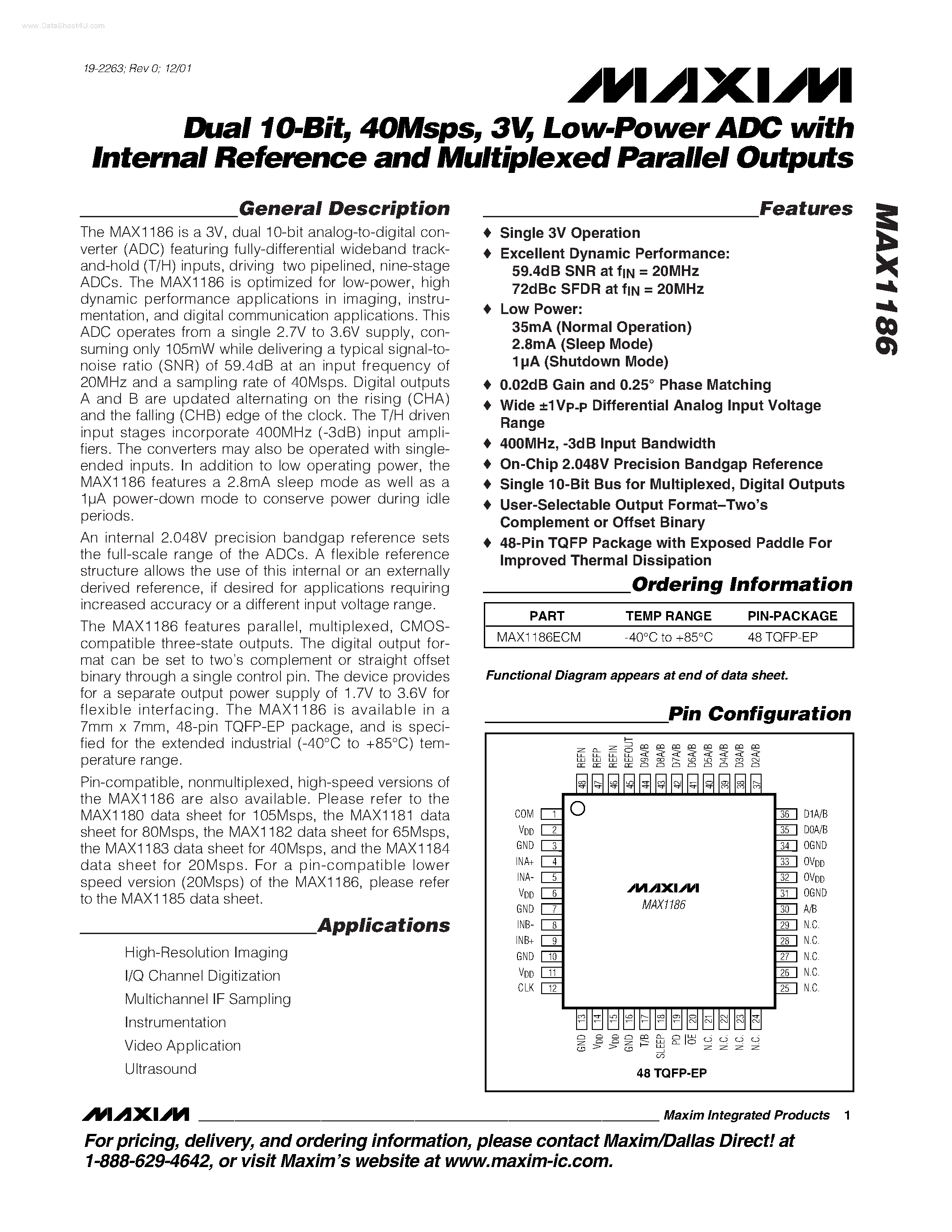 Datasheet MAX1186 - Low-Power ADC page 1