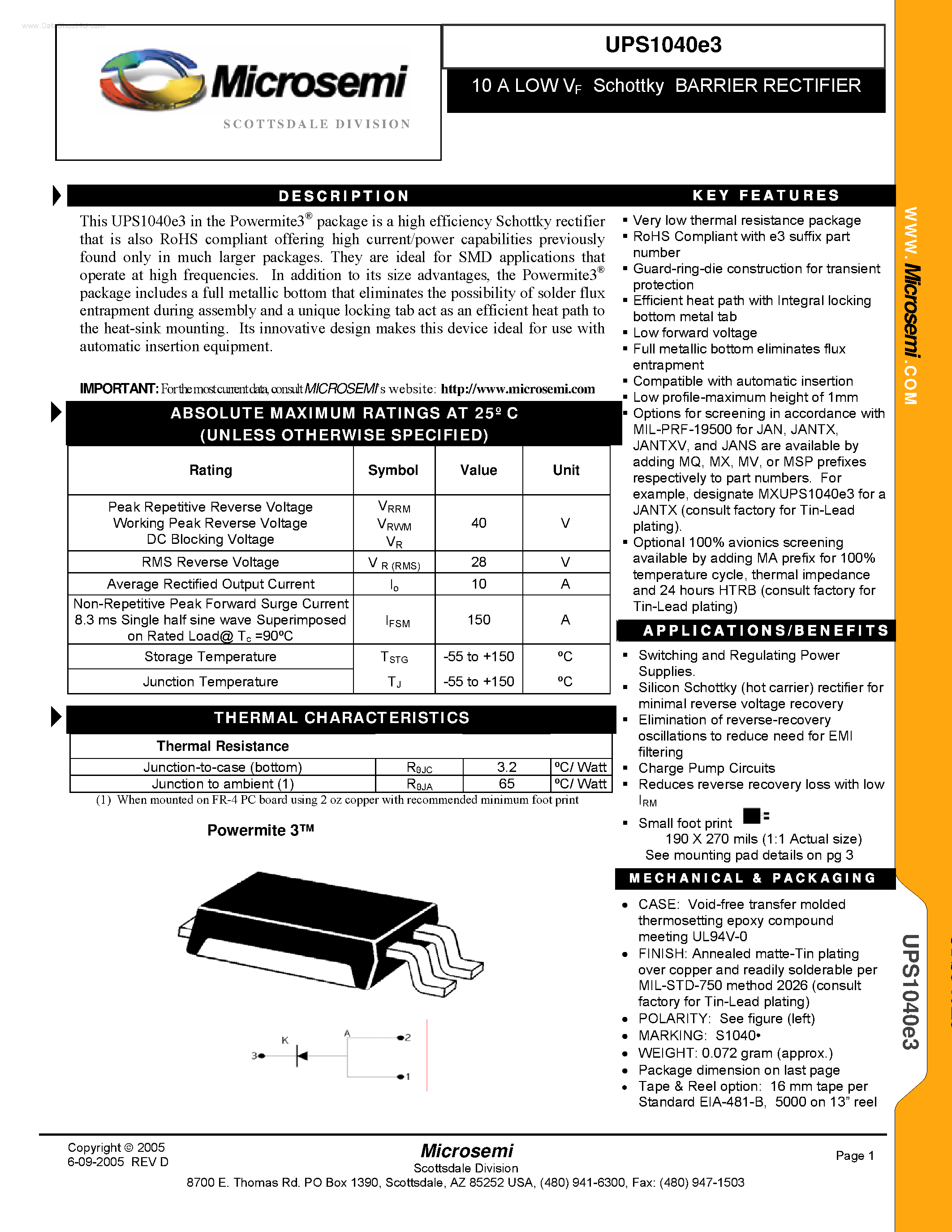 Datasheet UPS1040E3 - LOW VF Schottky BARRIER RECTIFIER page 1