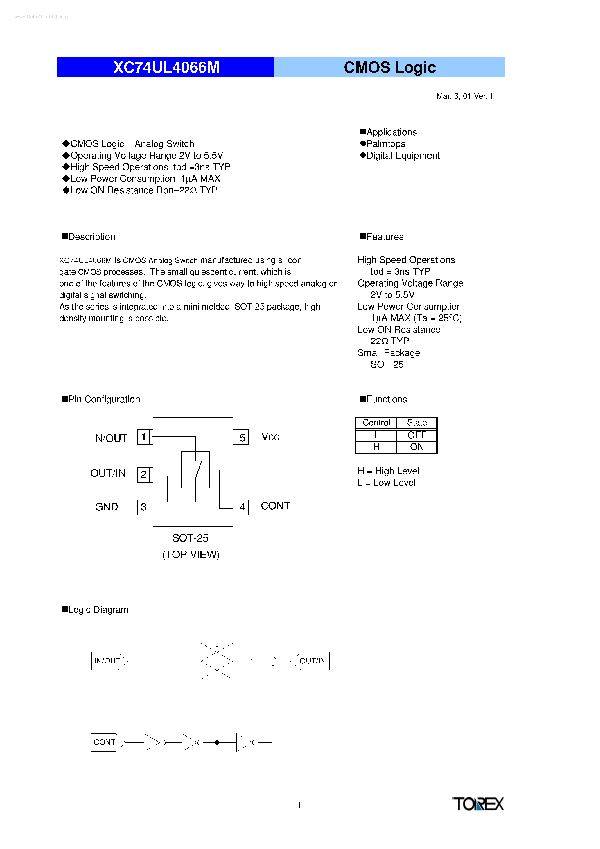 Datasheet XC74UL4066M - CMOS Logic Analog Switch page 1