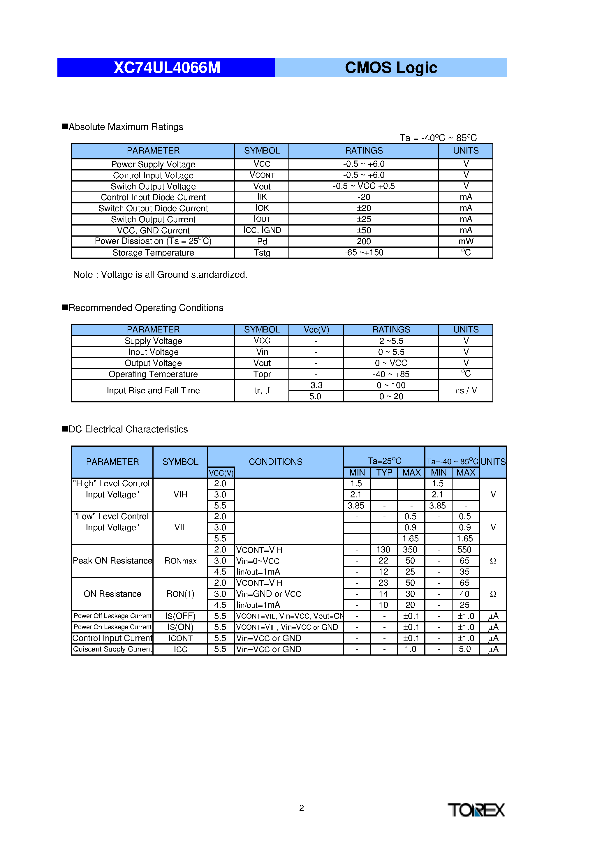 Datasheet XC74UL4066M - CMOS Logic Analog Switch page 2