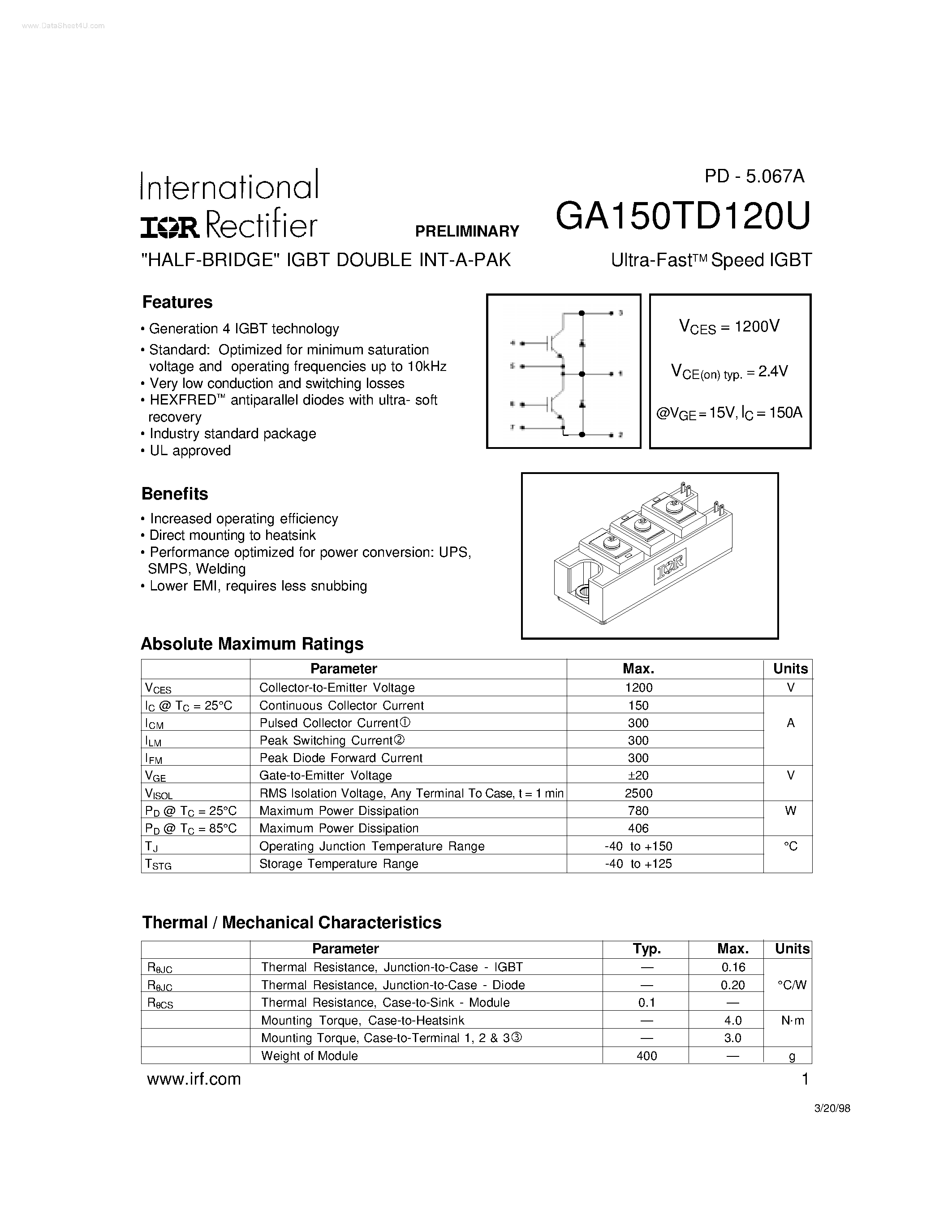 Datasheet GA150TD120U - HALF-BRIDGE IGBT DOUBLE INT-A-PAK Ultra-FastTM Speed IGBT page 1