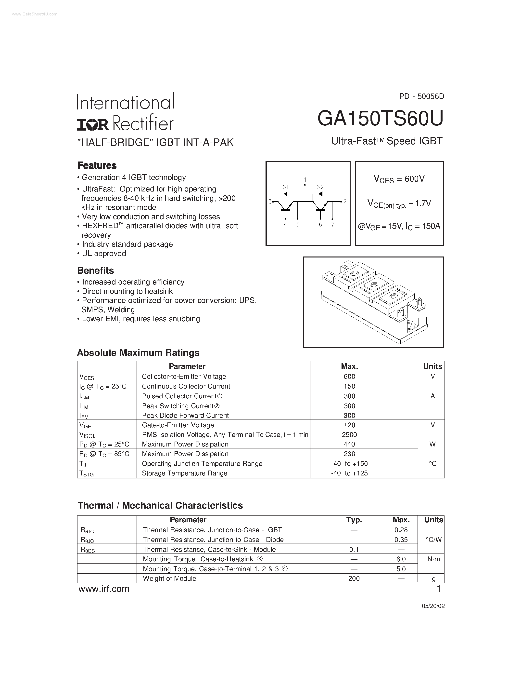 Datasheet GA150TS60U - HALF-BRIDGE IGBT INT-A-PAK Ultra-FastTM Speed IGBT page 1