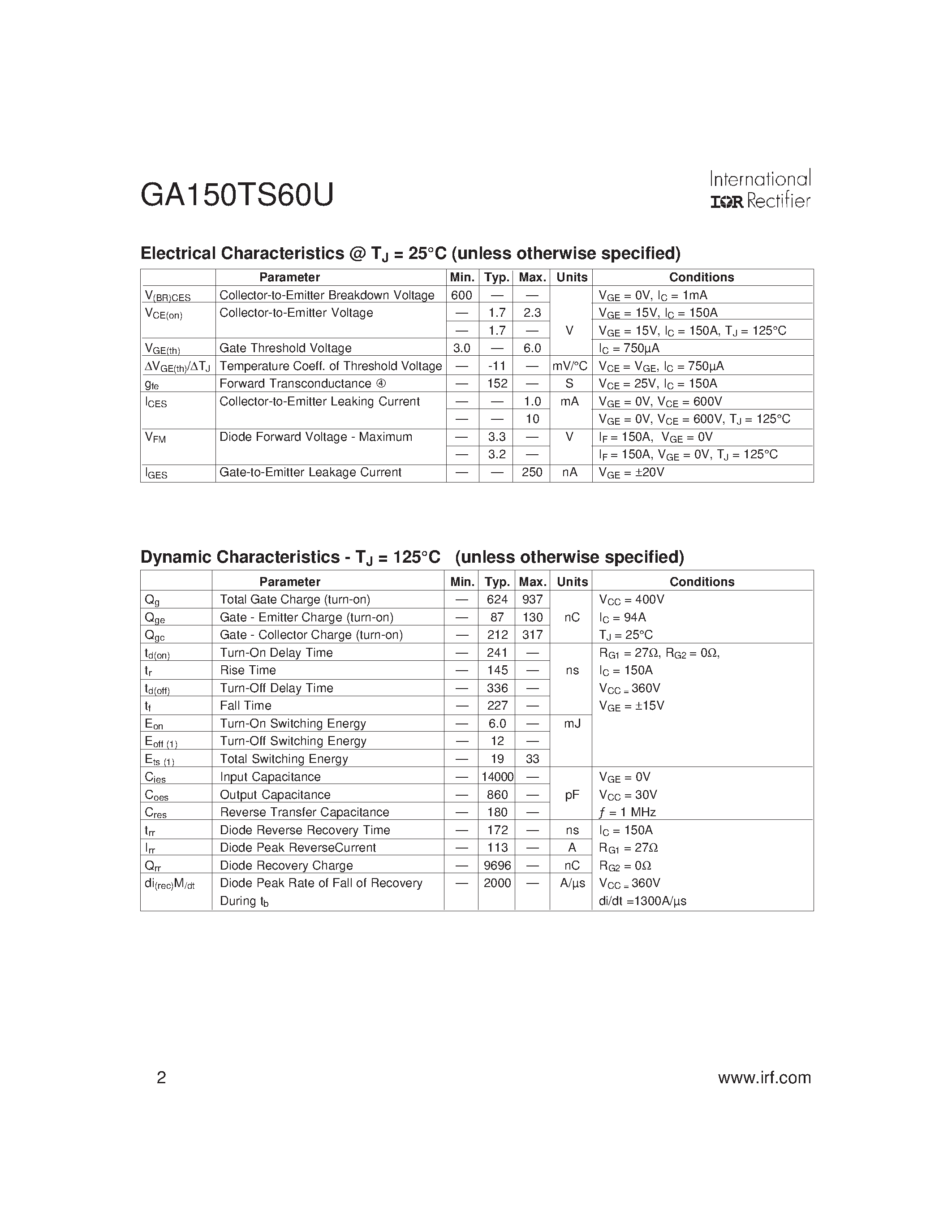 Datasheet GA150TS60U - HALF-BRIDGE IGBT INT-A-PAK Ultra-FastTM Speed IGBT page 2