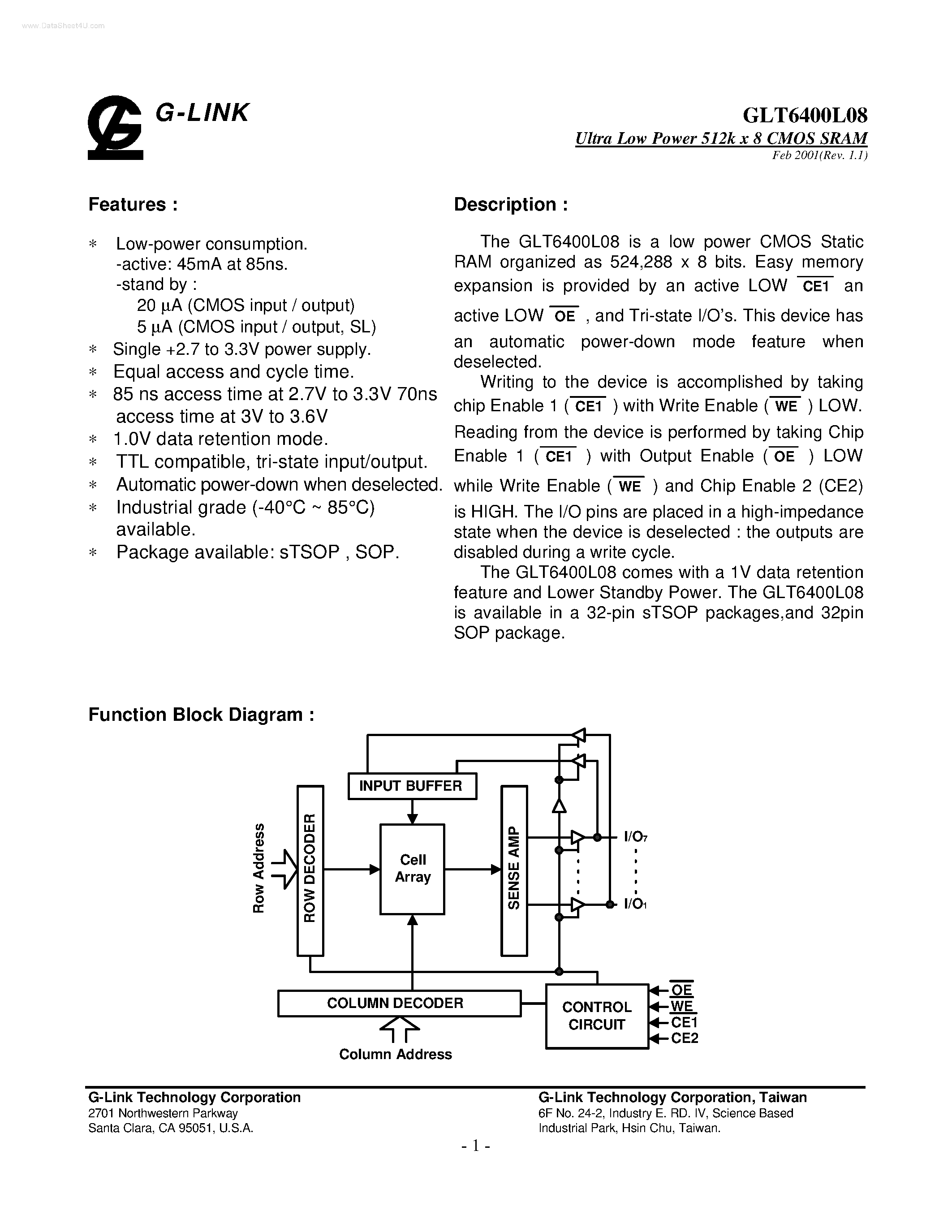 Даташит GLT6400L08 - Ultra Low Power 512k x 8 CMOS SRAM страница 1