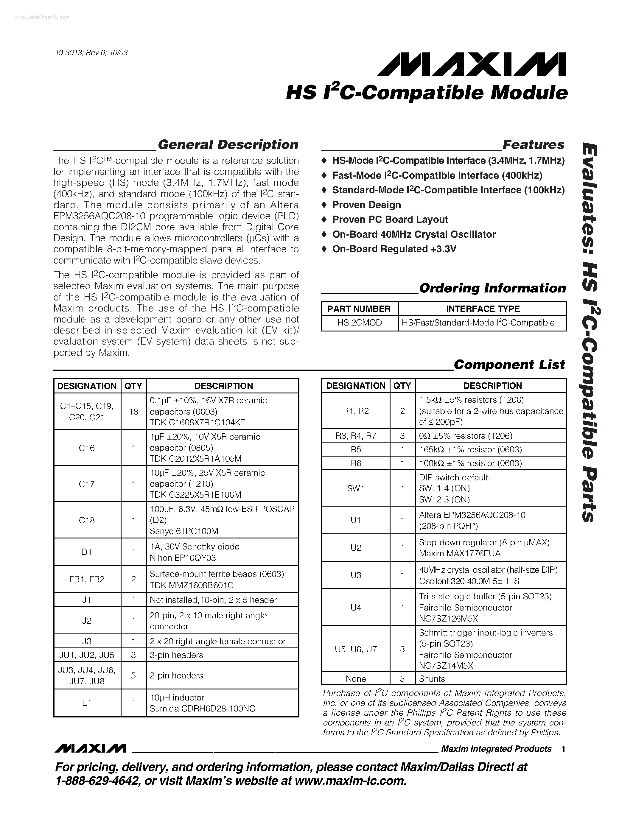 Datasheet HSI2CMOD page 1 Datasheet HSI2CMOD - HS I2C-Compatible Parts page 1