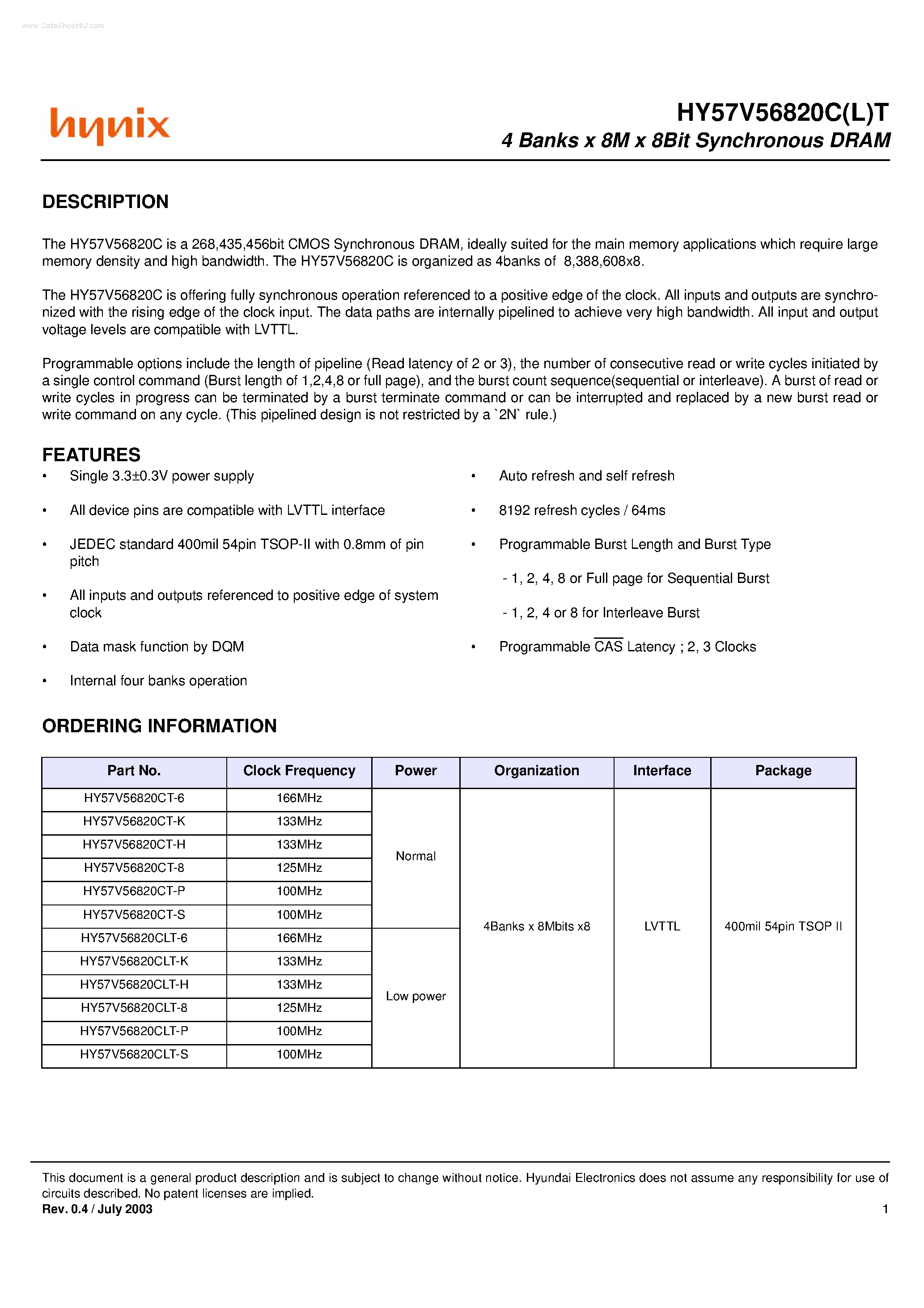 Datasheet HY5756820C - 4 Banks x 8M x 8Bit Synchronous DRAM page 1