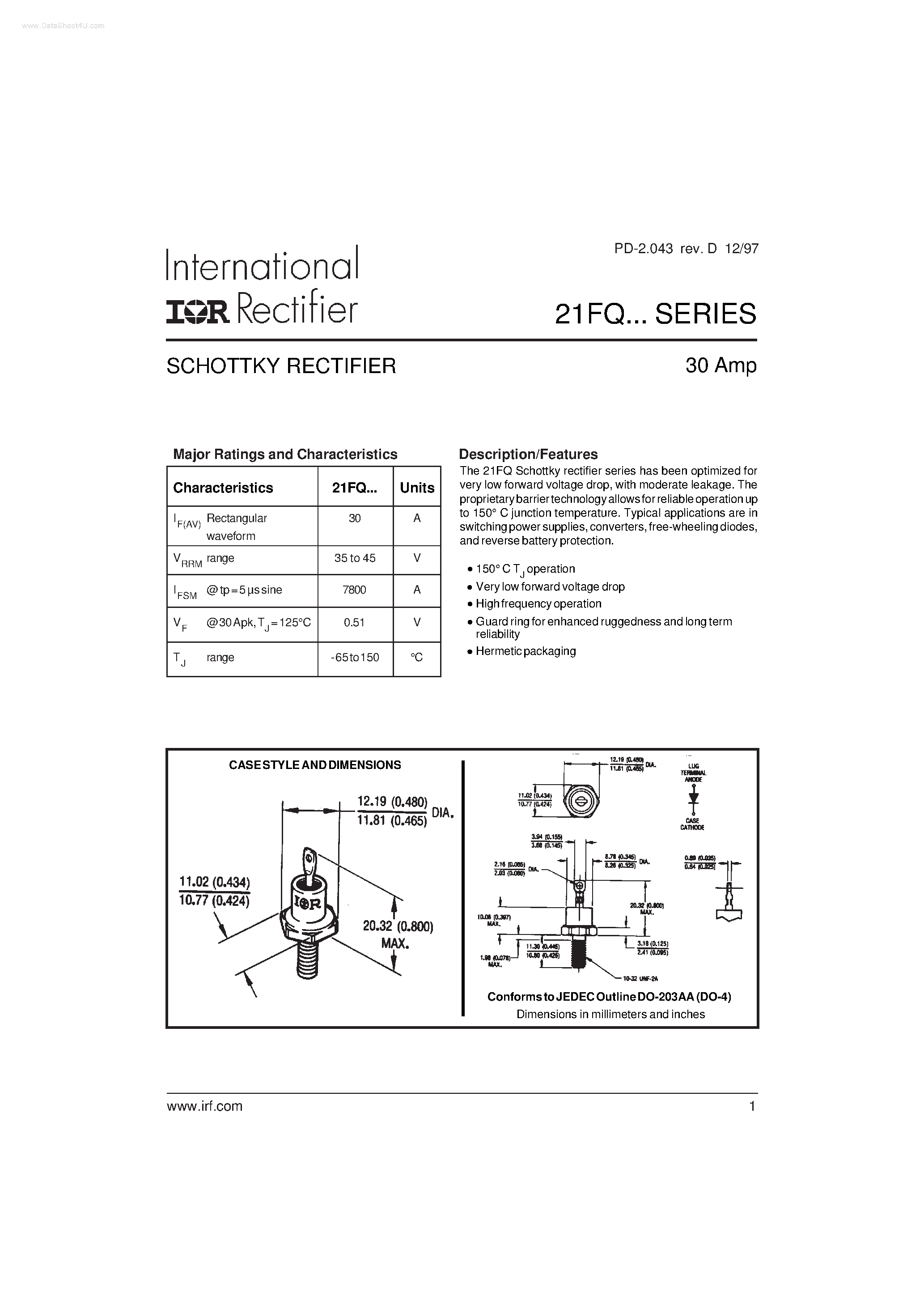 Datasheet 21FQ035 - SCHOTTKY RECTIFIER page 1