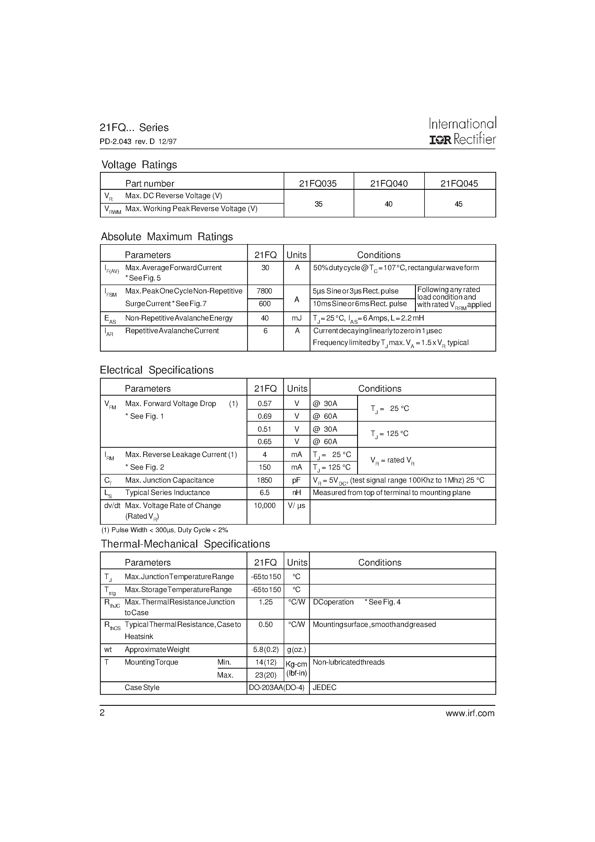 Datasheet 21FQ035 - SCHOTTKY RECTIFIER page 2