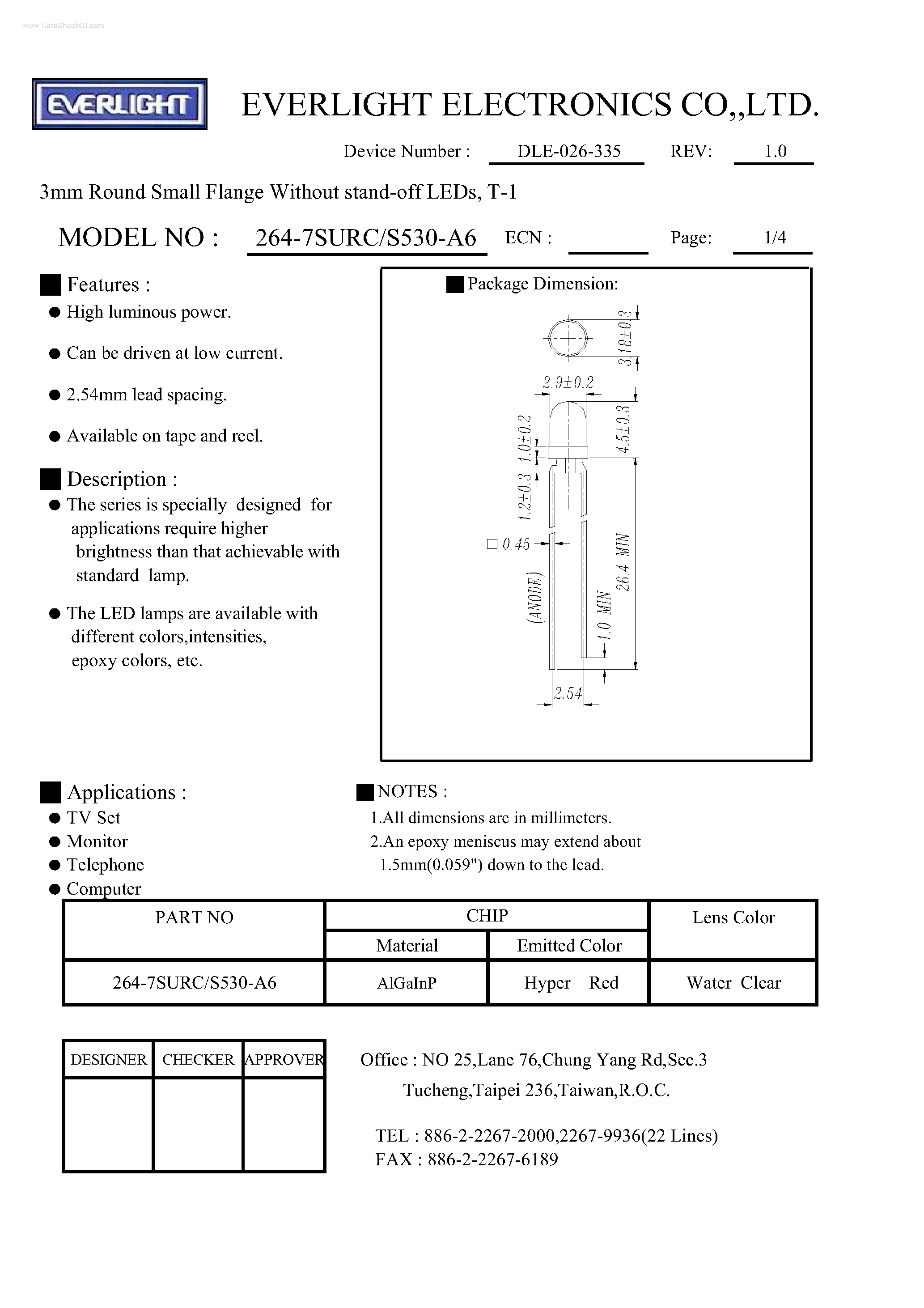 Datasheet 264-7SURC - 3mm Round Small Flange Without stand-off LEDs page 1