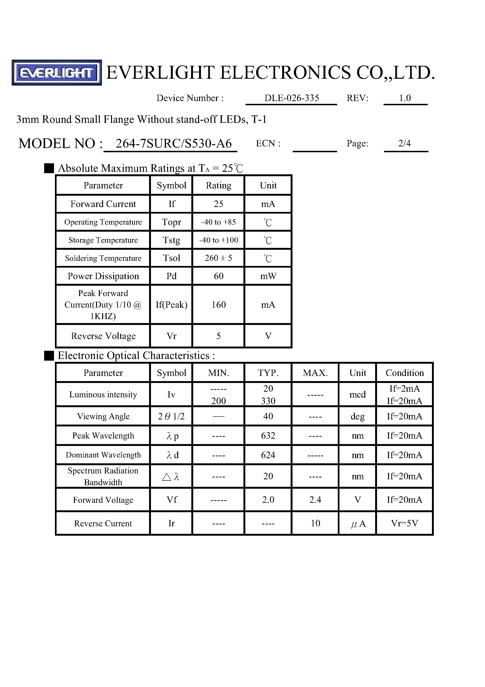 Datasheet 264-7SURC - 3mm Round Small Flange Without stand-off LEDs page 2