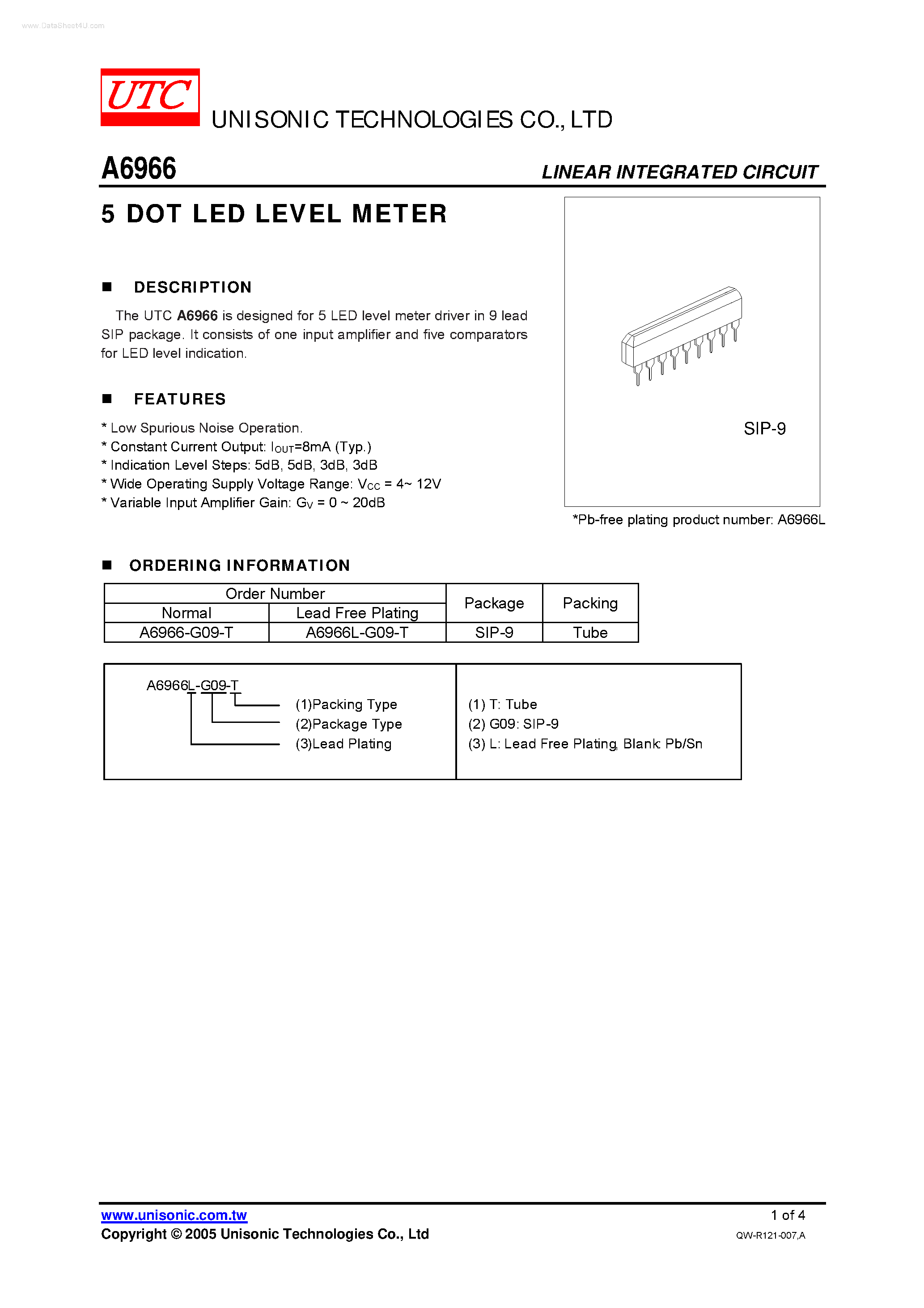 Datasheet A6966 - 5 DOT LED LEVEL METER page 1
