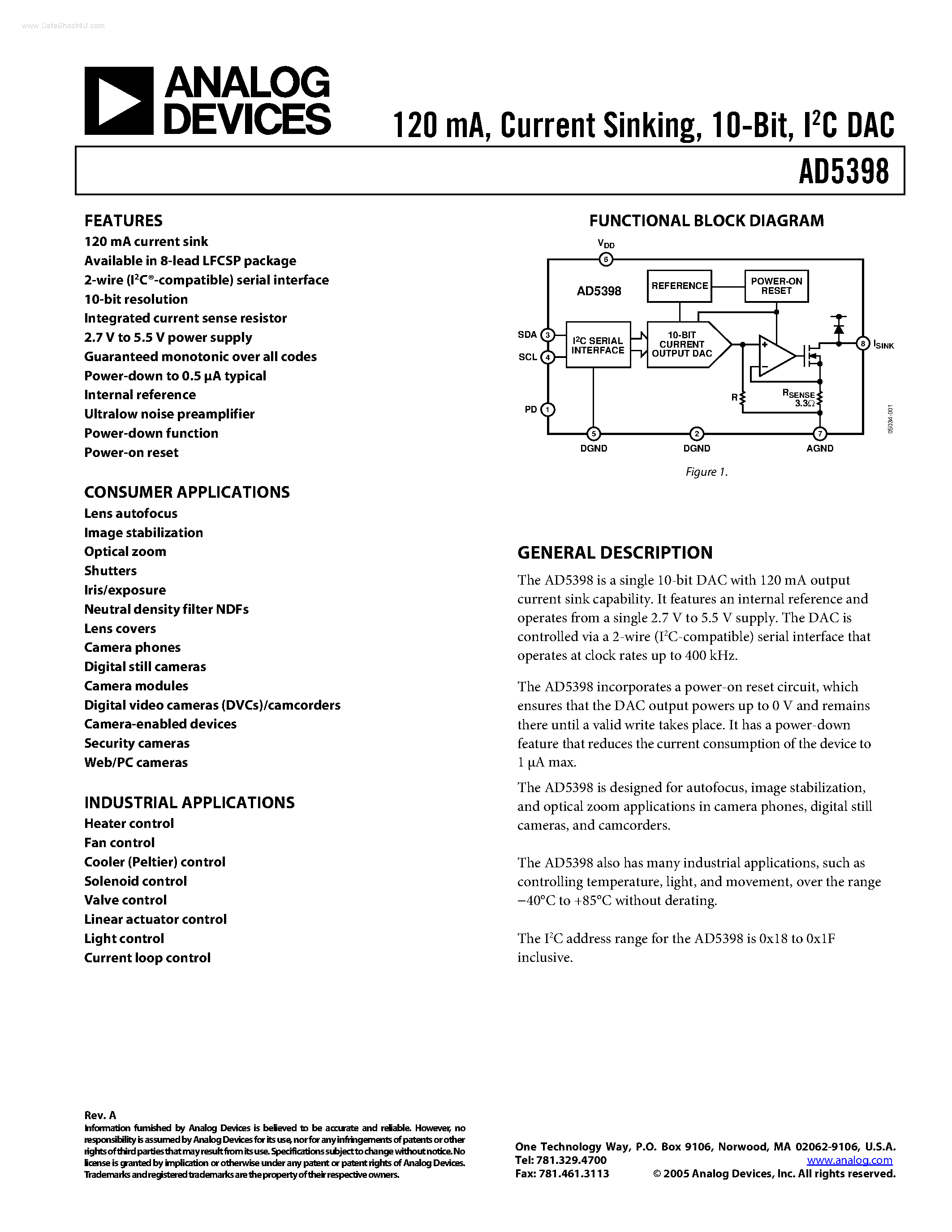 Datasheet AD5398 page 1 Datasheet AD5398 - I2C DAC page 1
