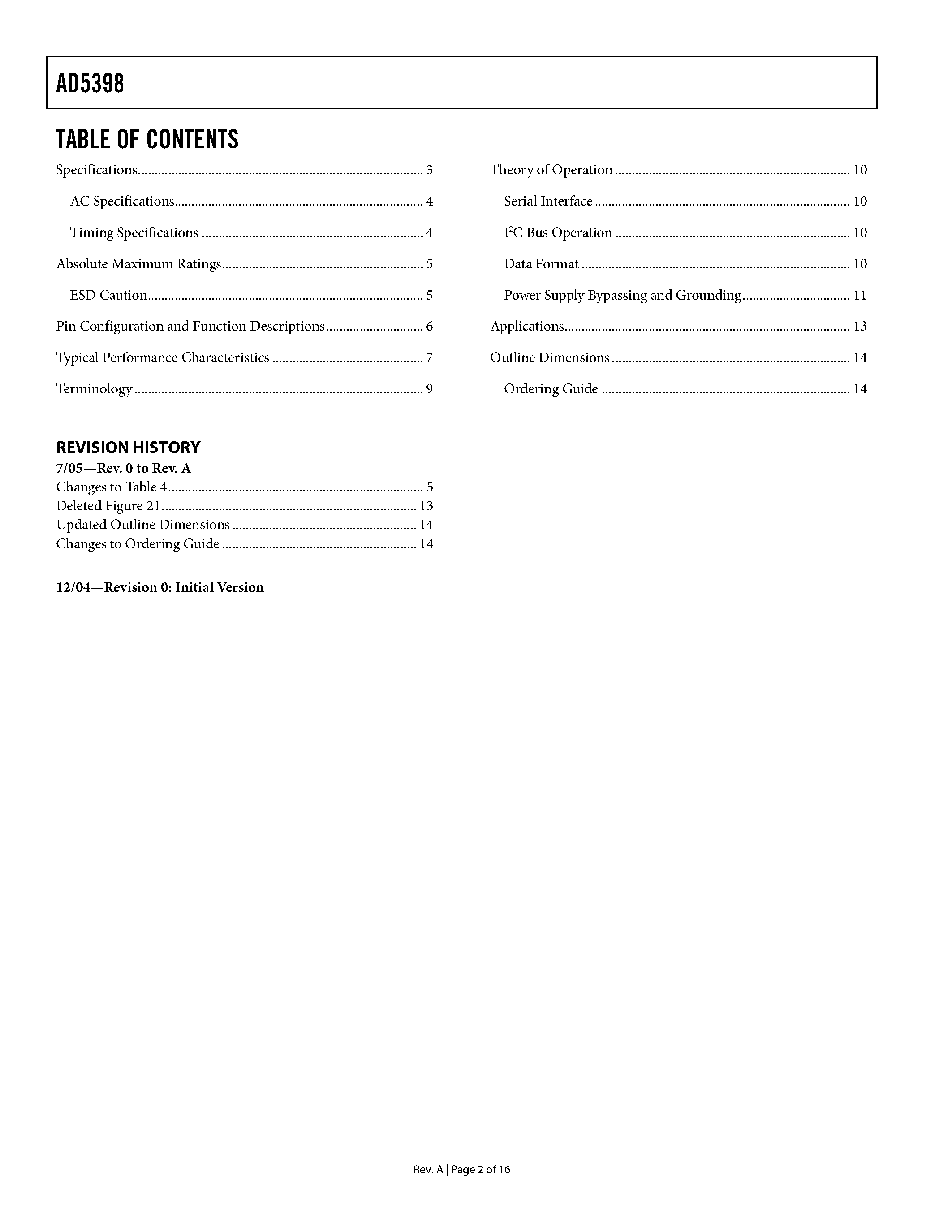 Datasheet AD5398 page 2 Datasheet AD5398 - I2C DAC page 2