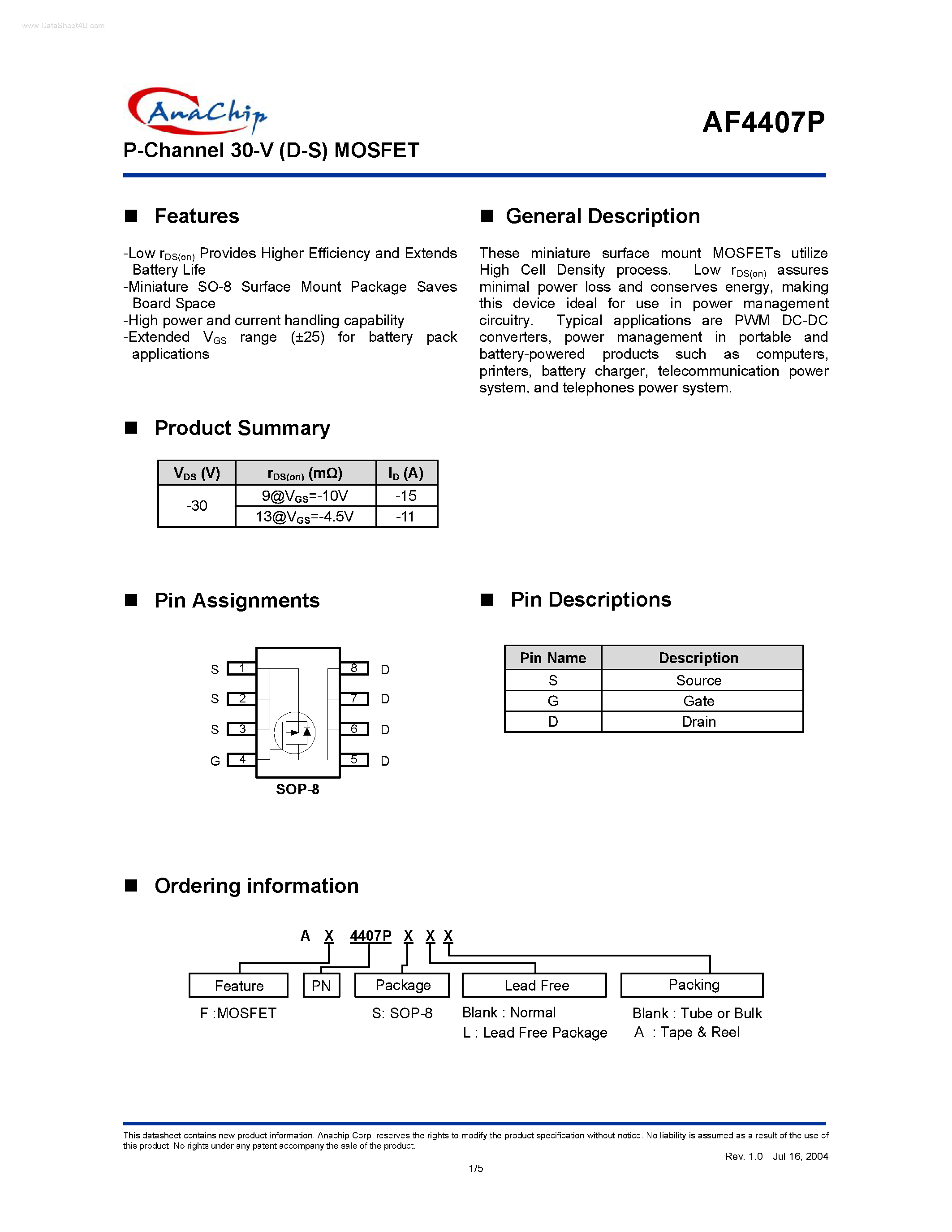 Datasheet AF4407P page 1 Datasheet AF4407P - P-Channel 30-V (D-S) MOSFET page 1