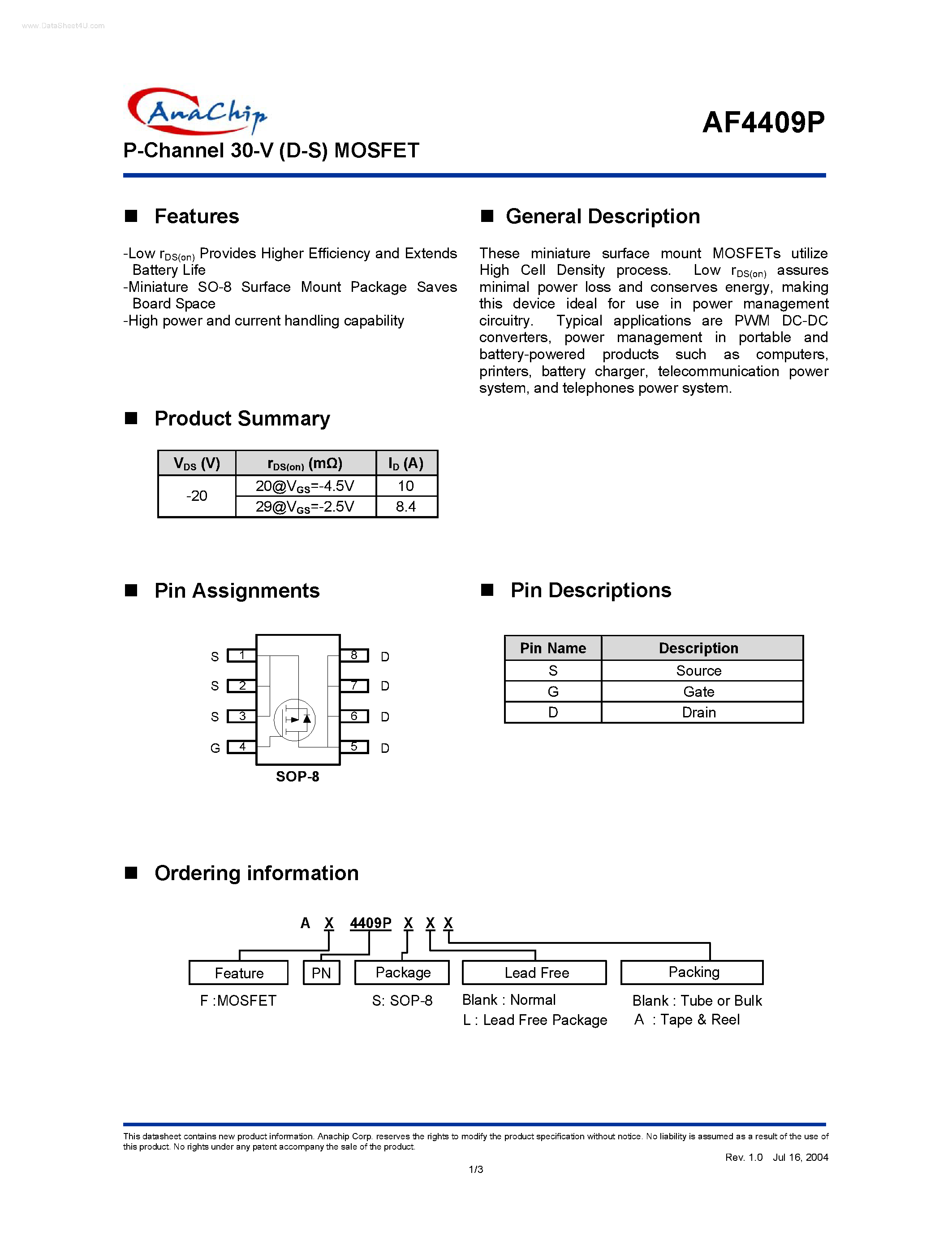 Datasheet AF4409P - P-Channel 30-V (D-S) MOSFET page 1