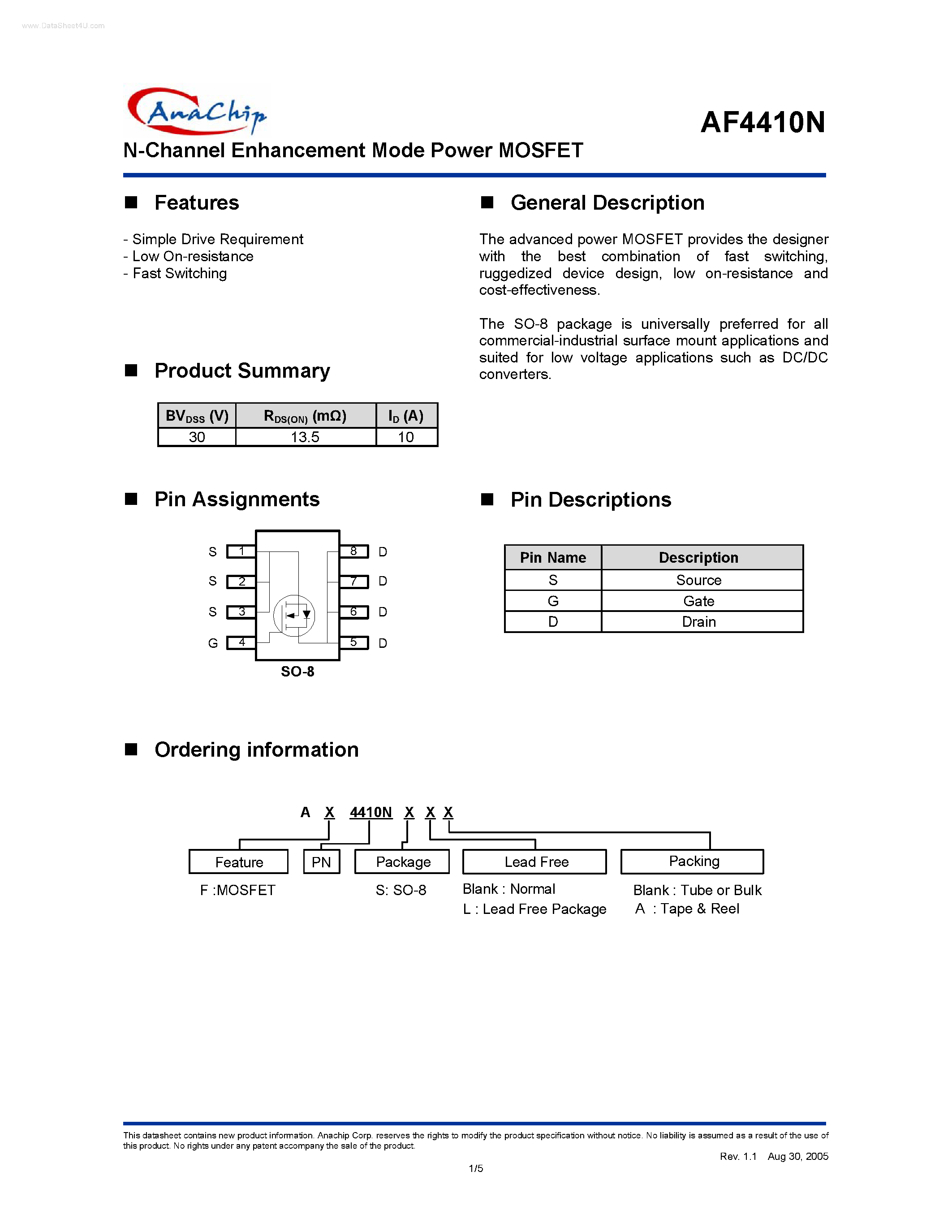 Datasheet AF4410N - N-Channel Enhancement Mode Power MOSFET page 1