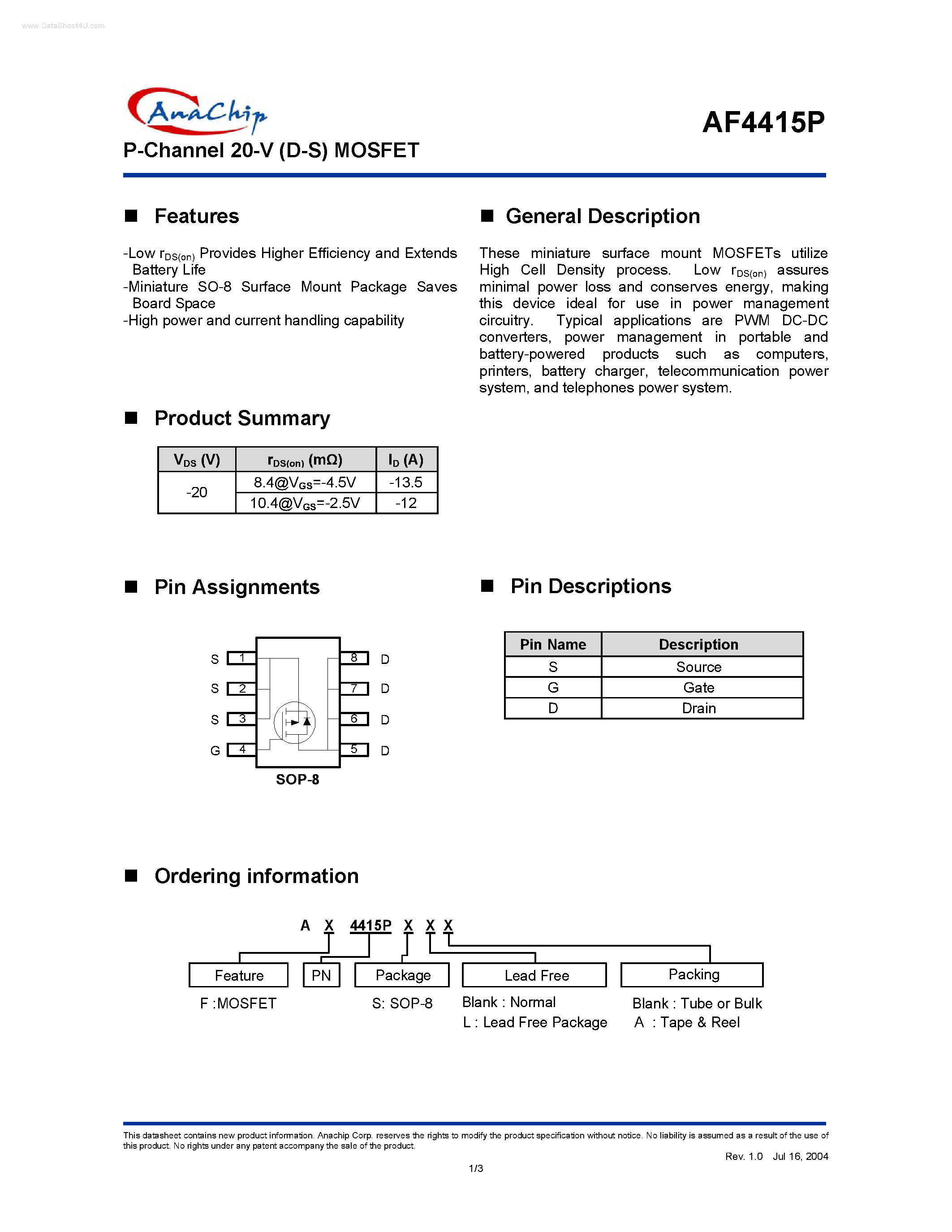Datasheet AF4415P - P-Channel 20-V (D-S) MOSFET page 1