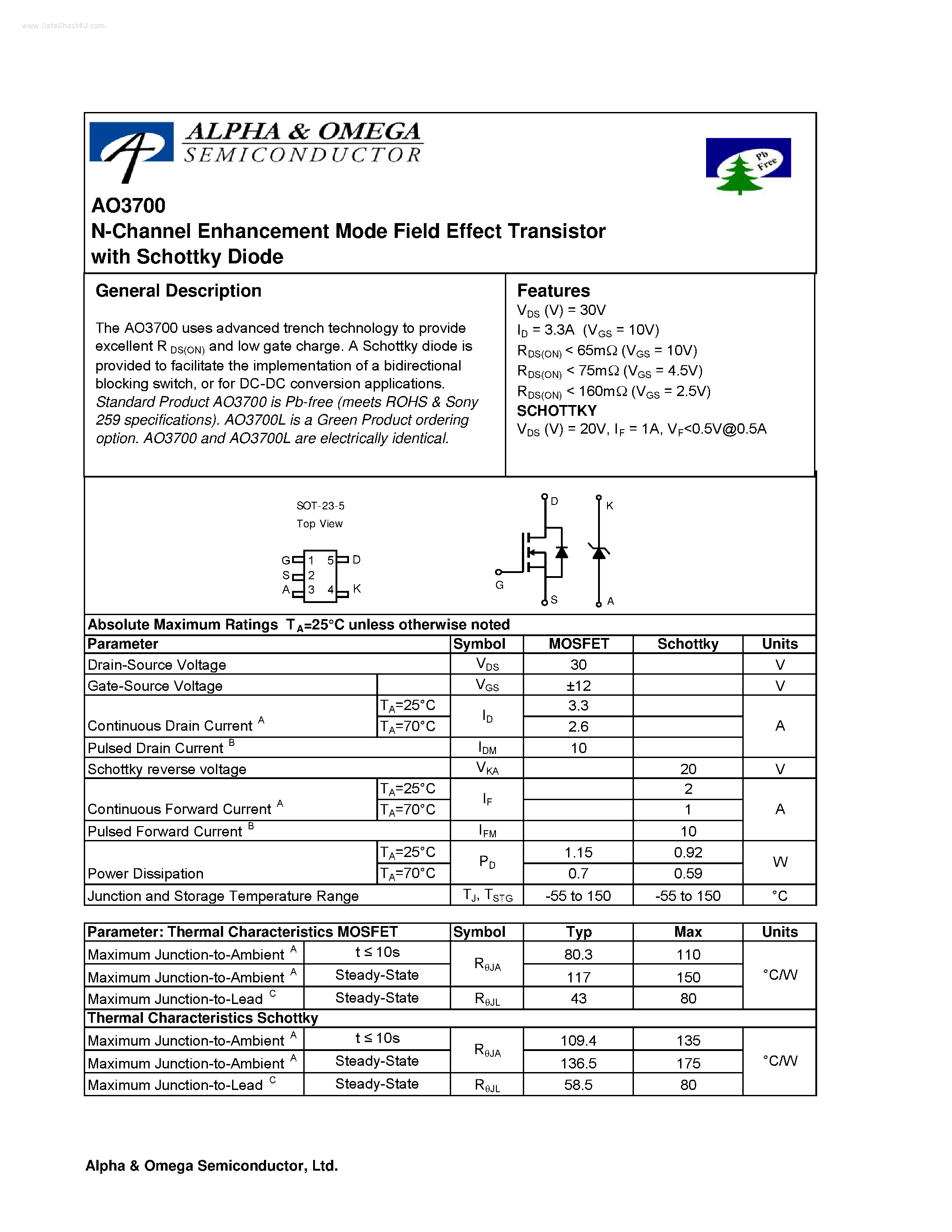 Datasheet AO3700 - N-Channel Enhancement Mode Field Effect Transistor page 1