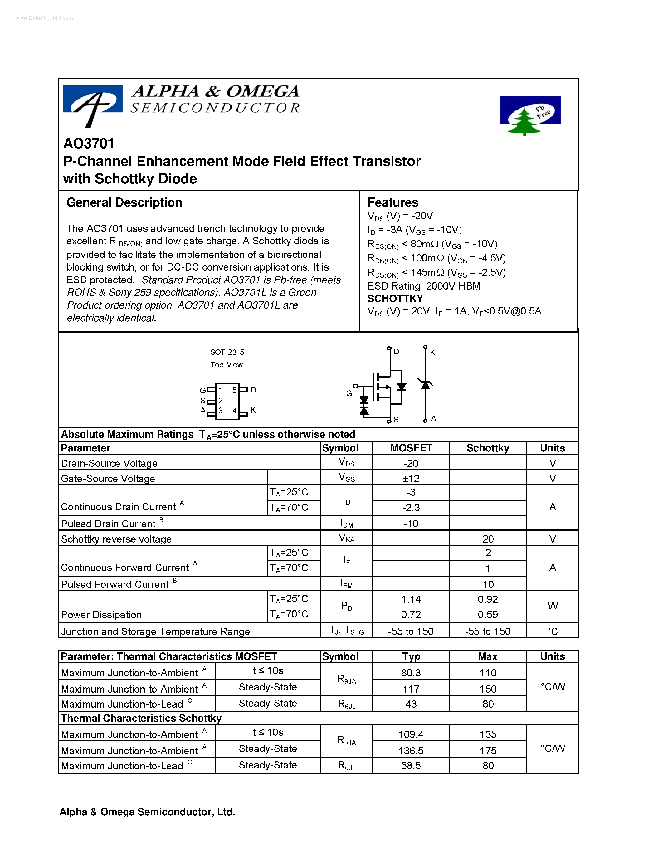 Datasheet AO3701 - P-Channel Enhancement Mode Field Effect Transistor page 1