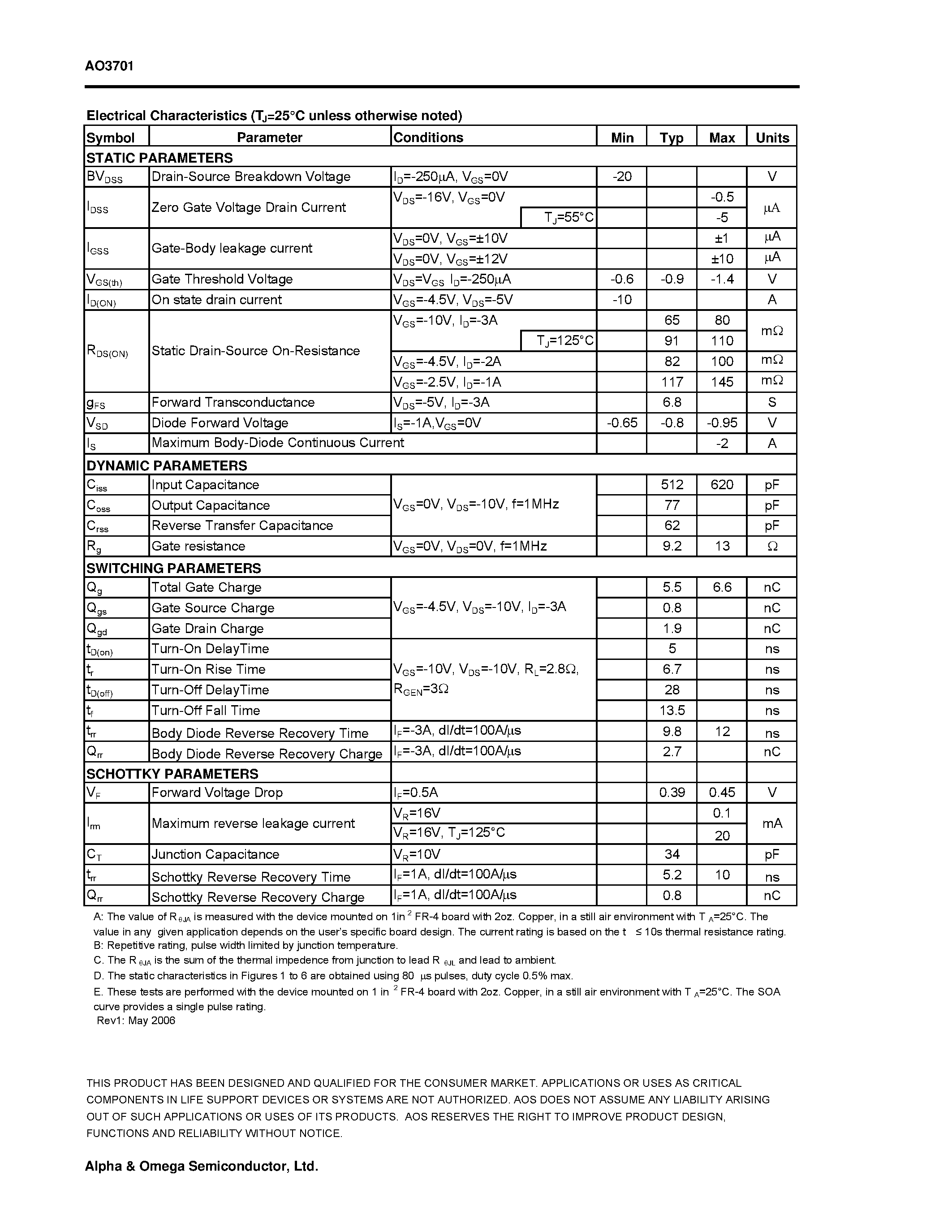 Datasheet AO3701 - P-Channel Enhancement Mode Field Effect Transistor page 2