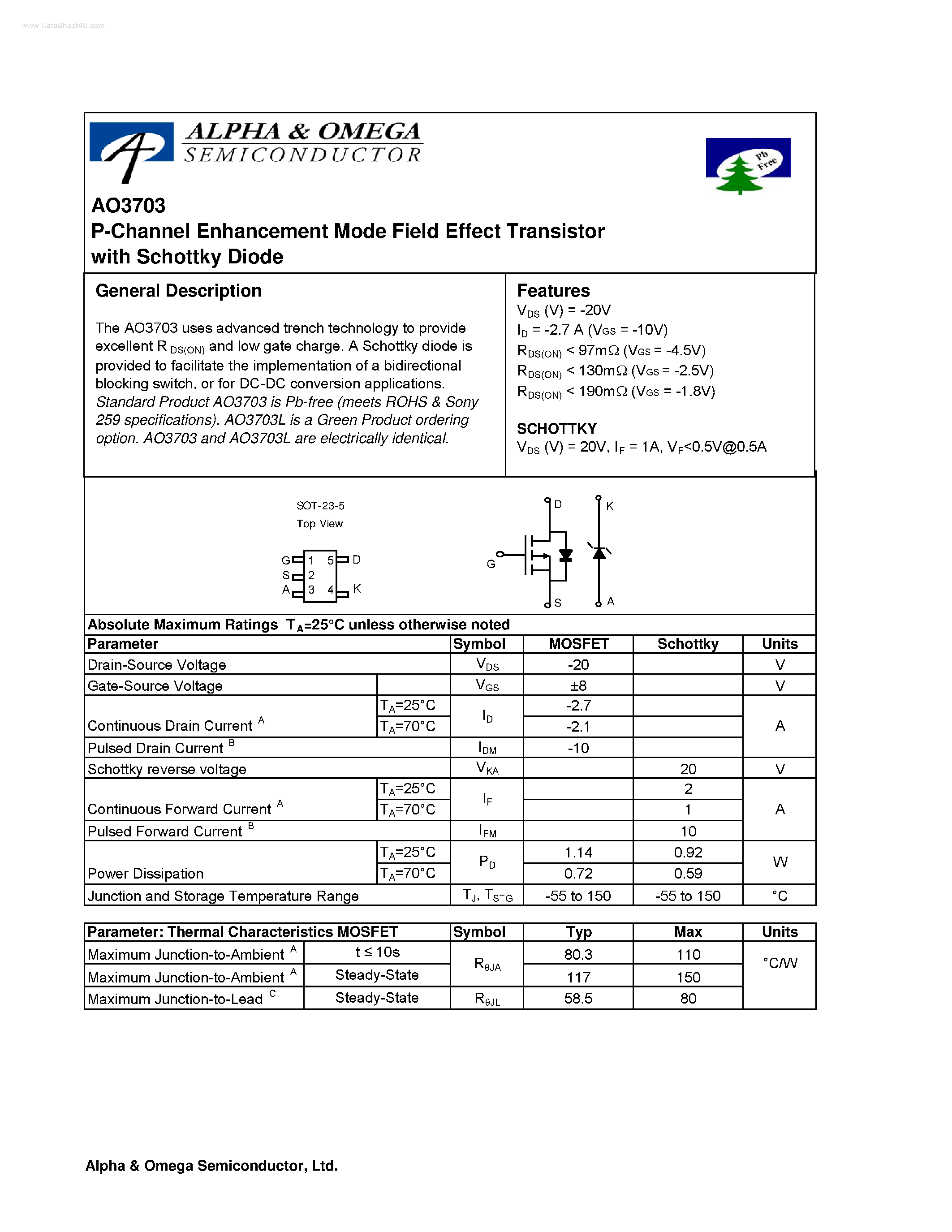 Datasheet AO3703 - P-Channel Enhancement Mode Field Effect Transistor page 1