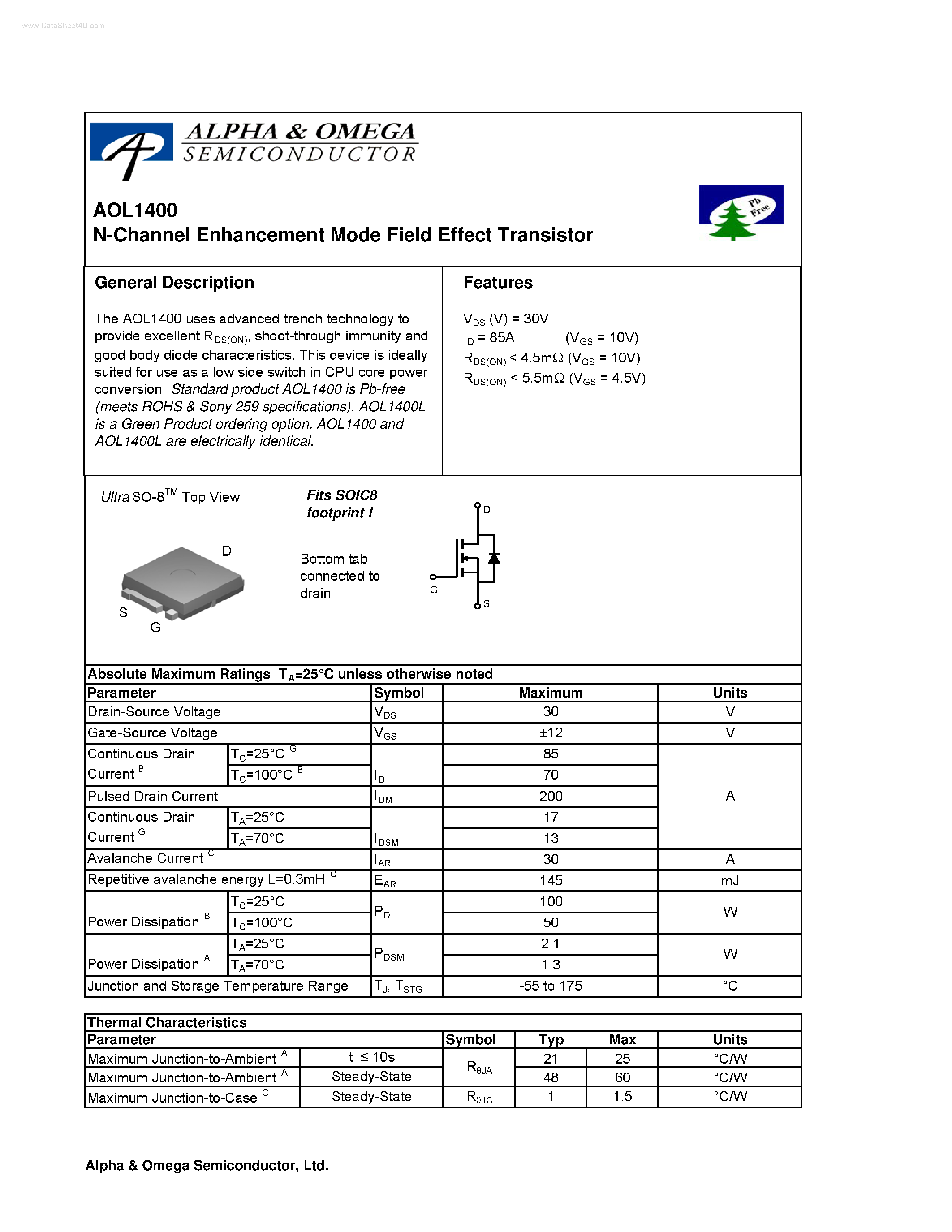 Datasheet AOL1400 - N-Channel Enhancement Mode Field Effect Transistor page 1