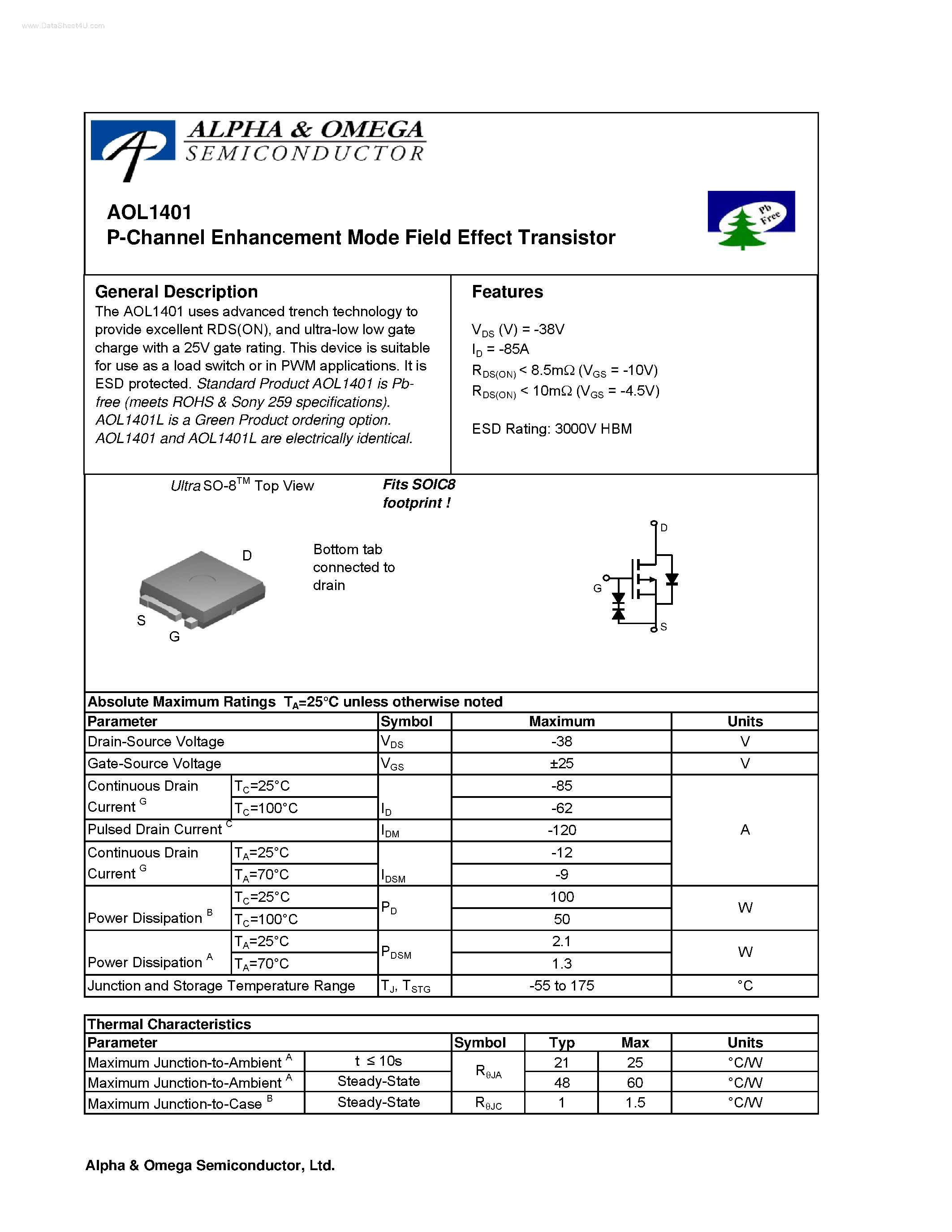 Datasheet AOL1401 - P-Channel Enhancement Mode Field Effect Transistor page 1