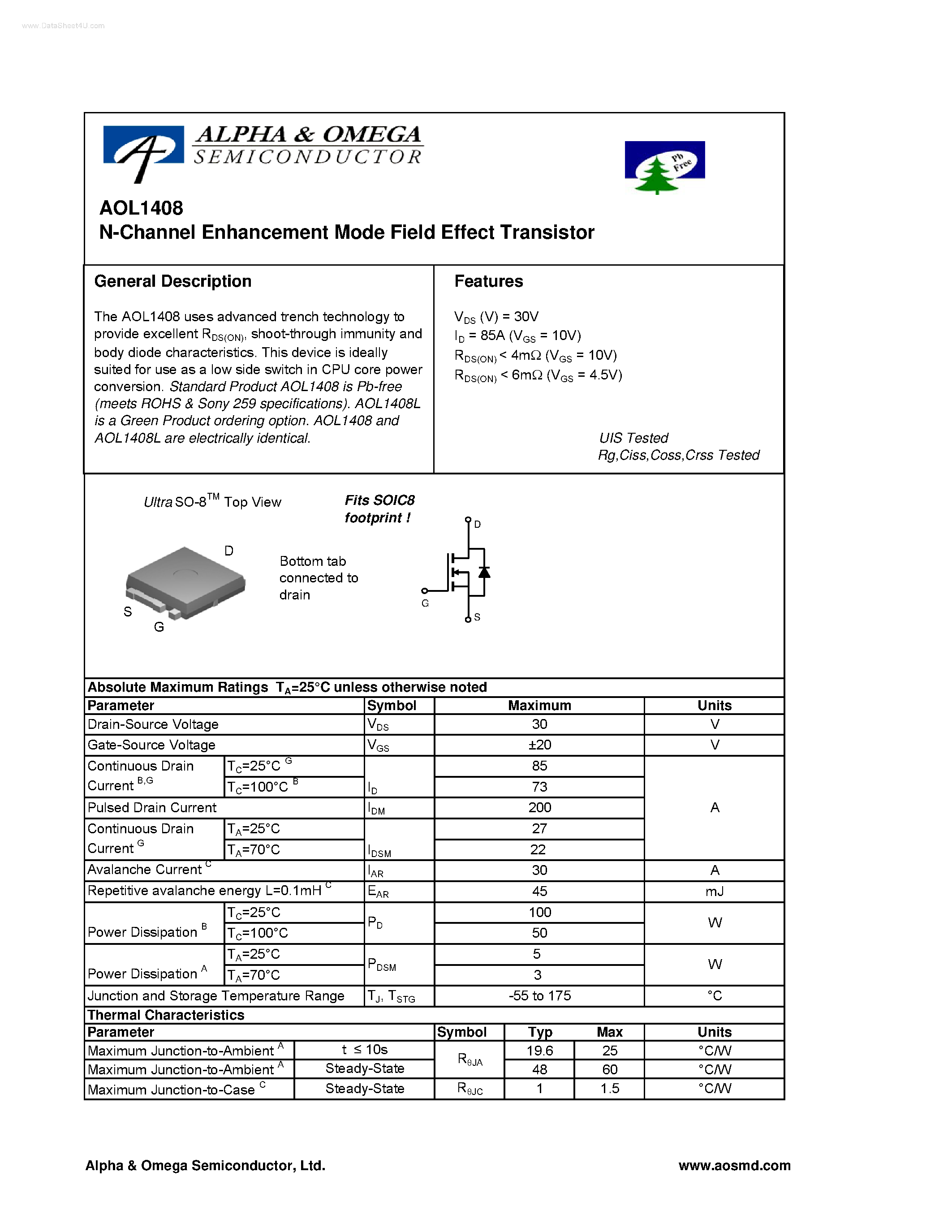 Datasheet AOL1408 - N-Channel Enhancement Mode Field Effect Transistor page 1