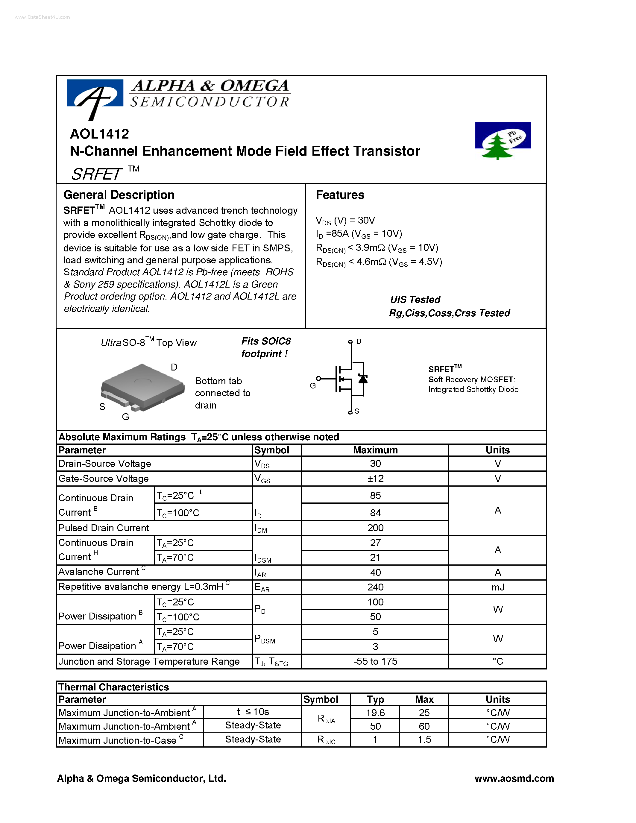 Datasheet AOL1412 - N-Channel Enhancement Mode Field Effect Transistor page 1