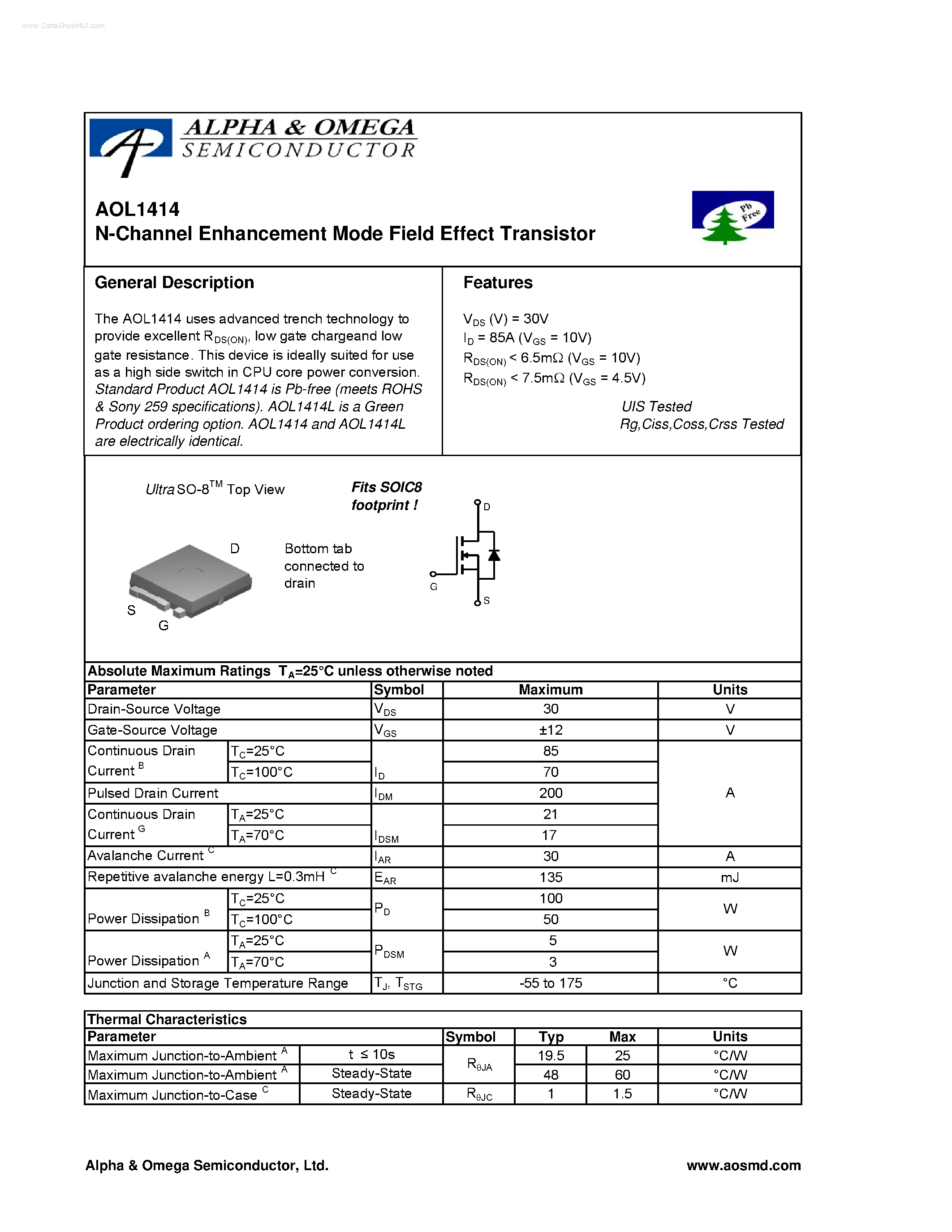 Datasheet AOL1414 - N-Channel Enhancement Mode Field Effect Transistor page 1