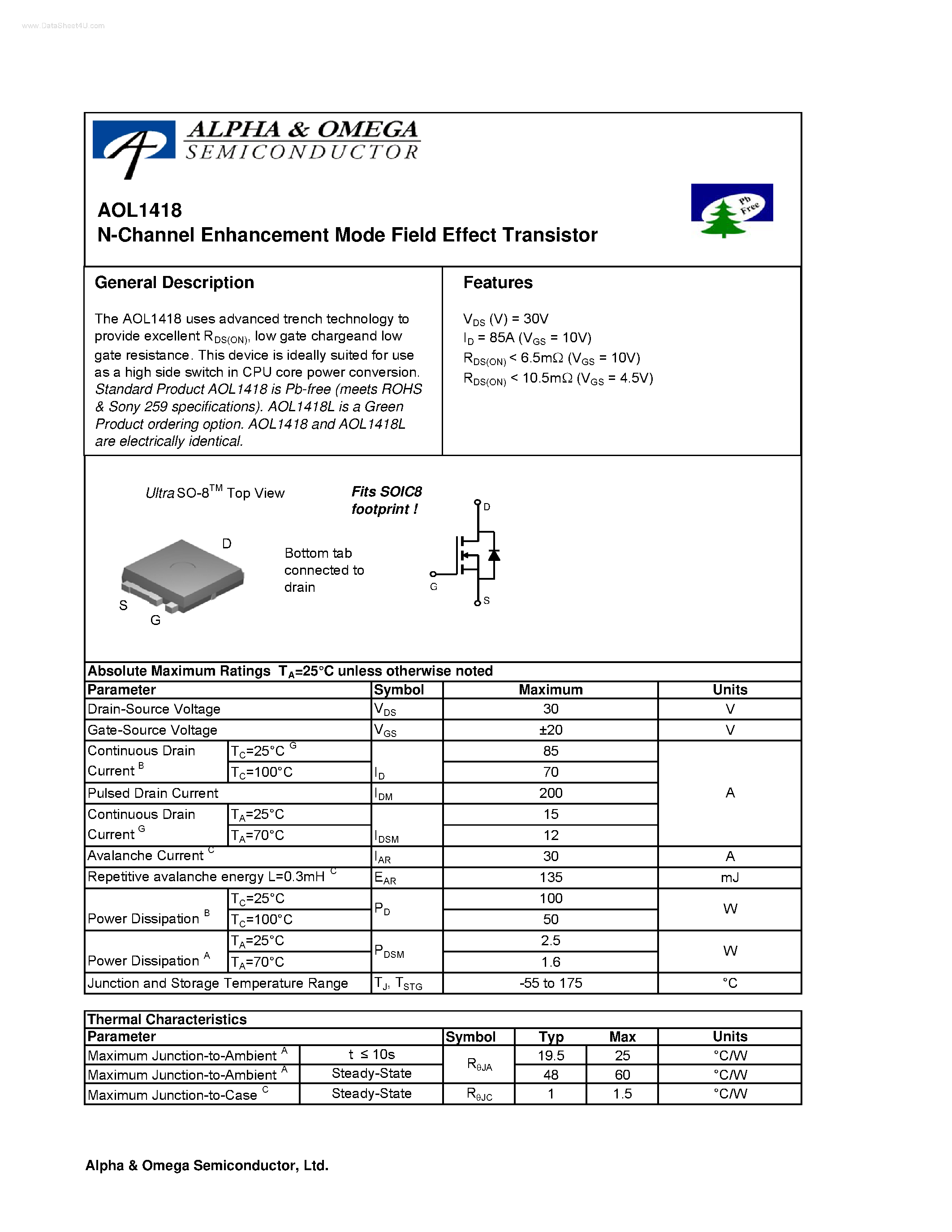 Datasheet AOL1418 - N-Channel Enhancement Mode Field Effect Transistor page 1
