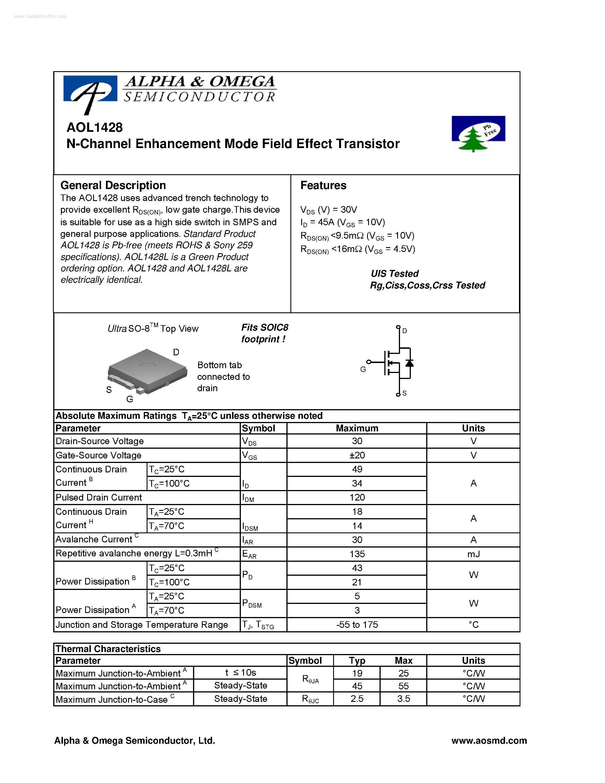 Datasheet AOL1428 - N-Channel Enhancement Mode Field Effect Transistor page 1