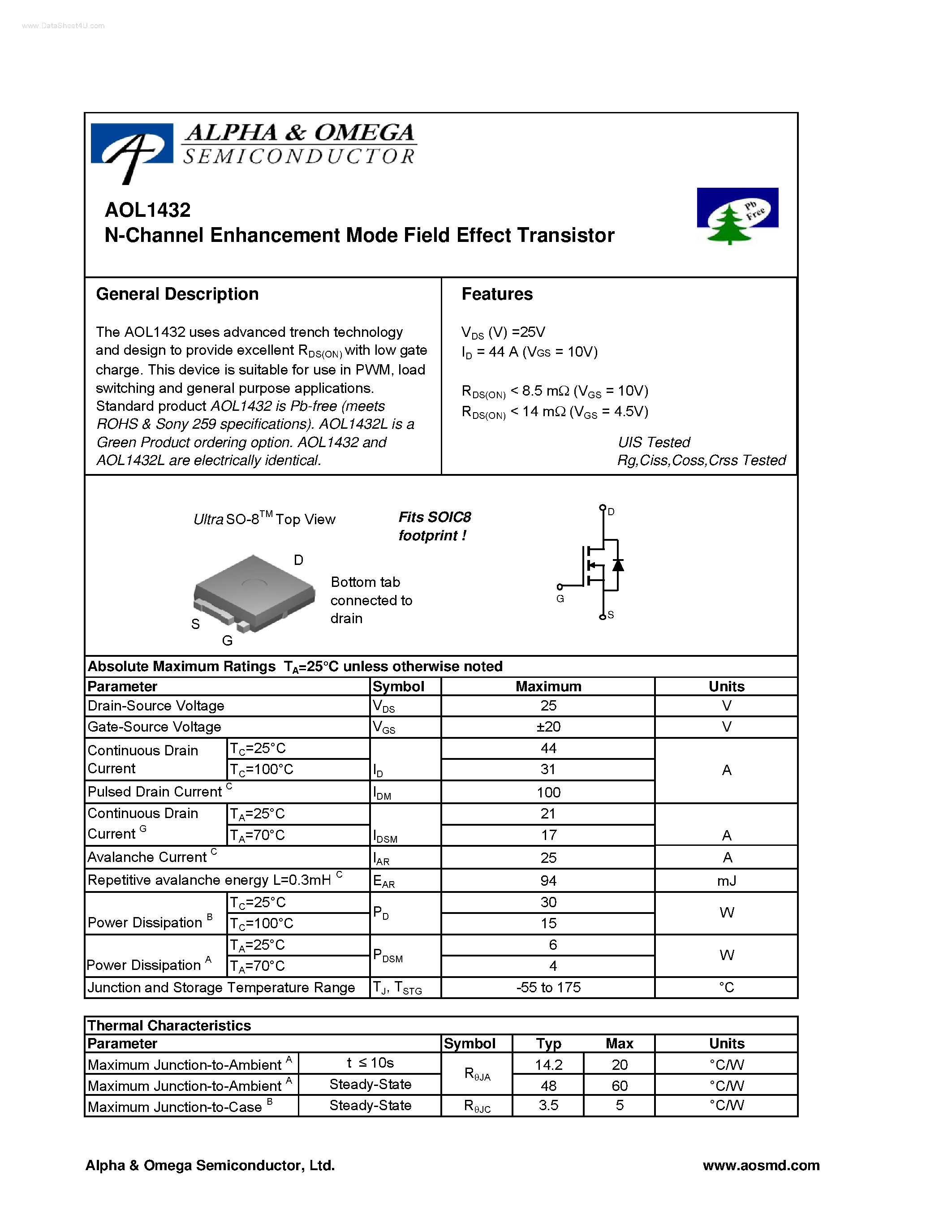 Datasheet AOL1432 - N-Channel Enhancement Mode Field Effect Transistor page 1