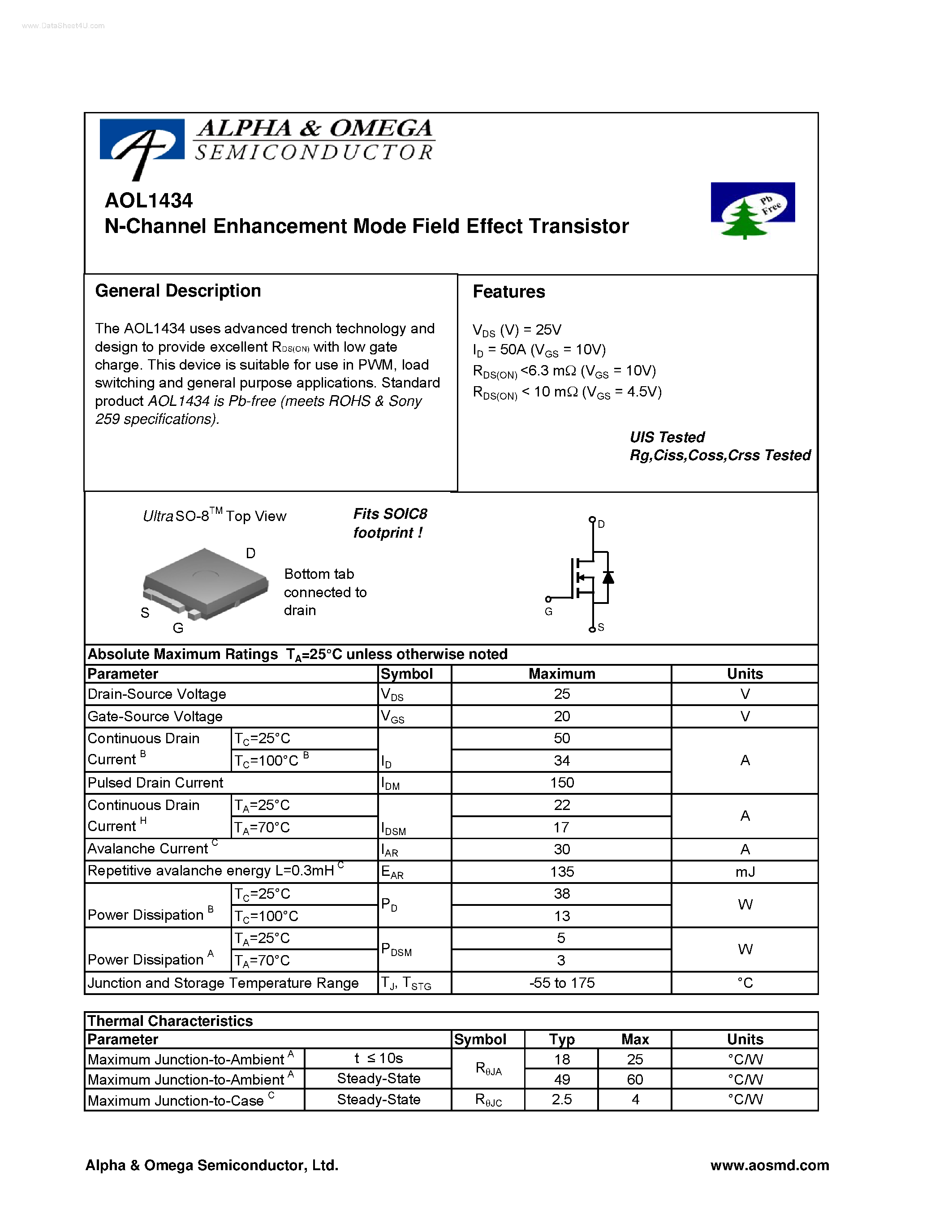 Datasheet AOL1434 - N-Channel Enhancement Mode Field Effect Transistor page 1
