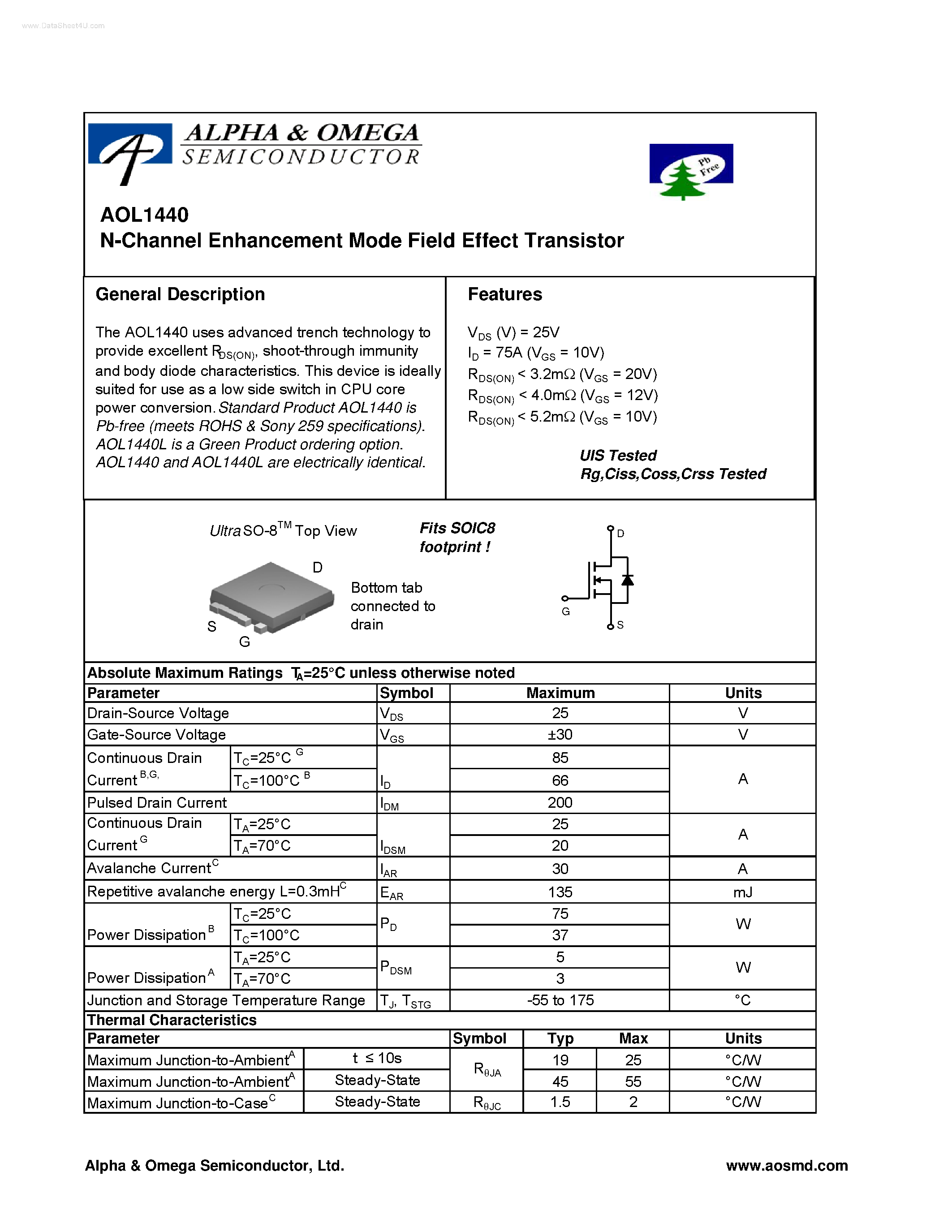 Datasheet AOL1440 - N-Channel Enhancement Mode Field Effect Transistor page 1